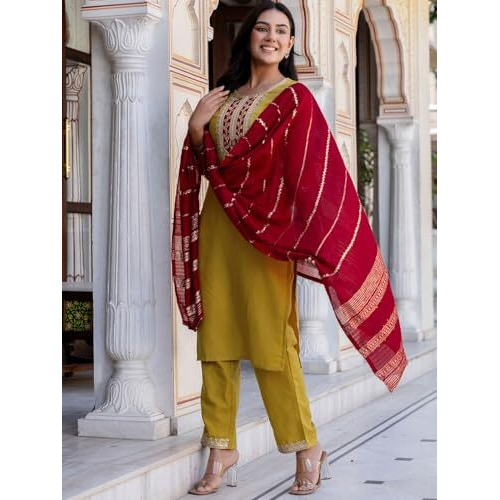 Sanisa Women's Cotton Blend Embroidery And Sequins Work Straight Kurta With Pant And Dupatta Set (229Kbd2423N-M_Mustard Yellow)