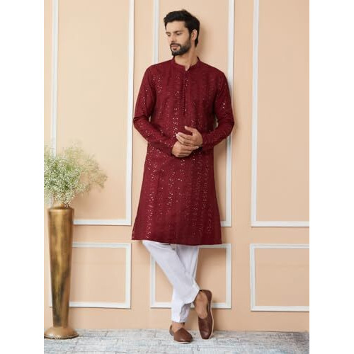 See Designs Men's Long Sleeve Side Slit Dark Maroon Embroidered Thread Work Sequinned Chanderi Silk Straight Mandarin Collar Kurta - Sddkt2514L