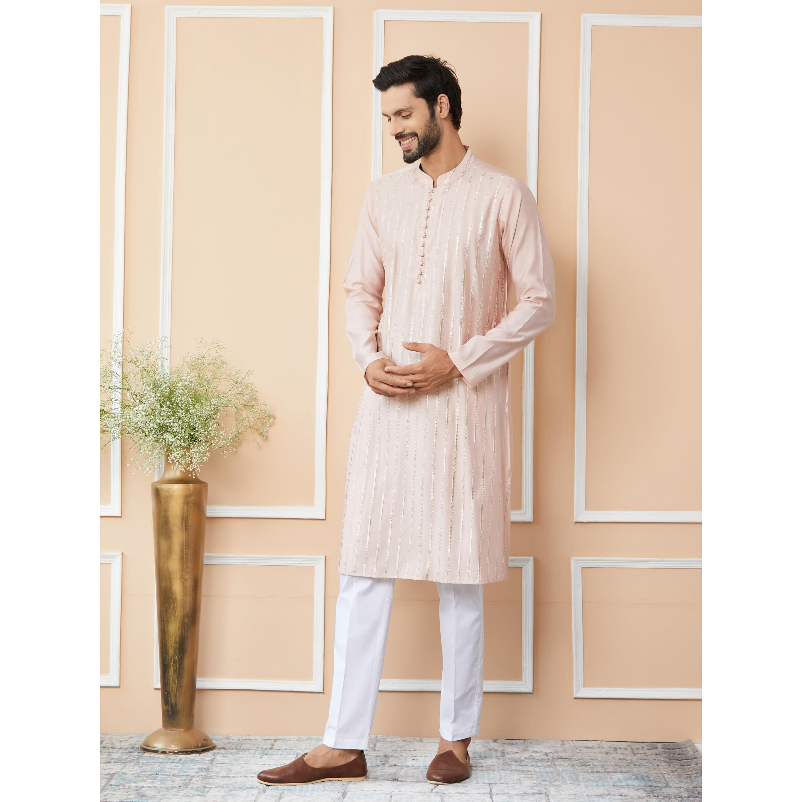 See Designs Men's Long Sleeve Mandarin Collar Side Slit Light Pink Sequins Embroidered Pure Chanderi Silk Straight Kurta - Sdkt2540Xl