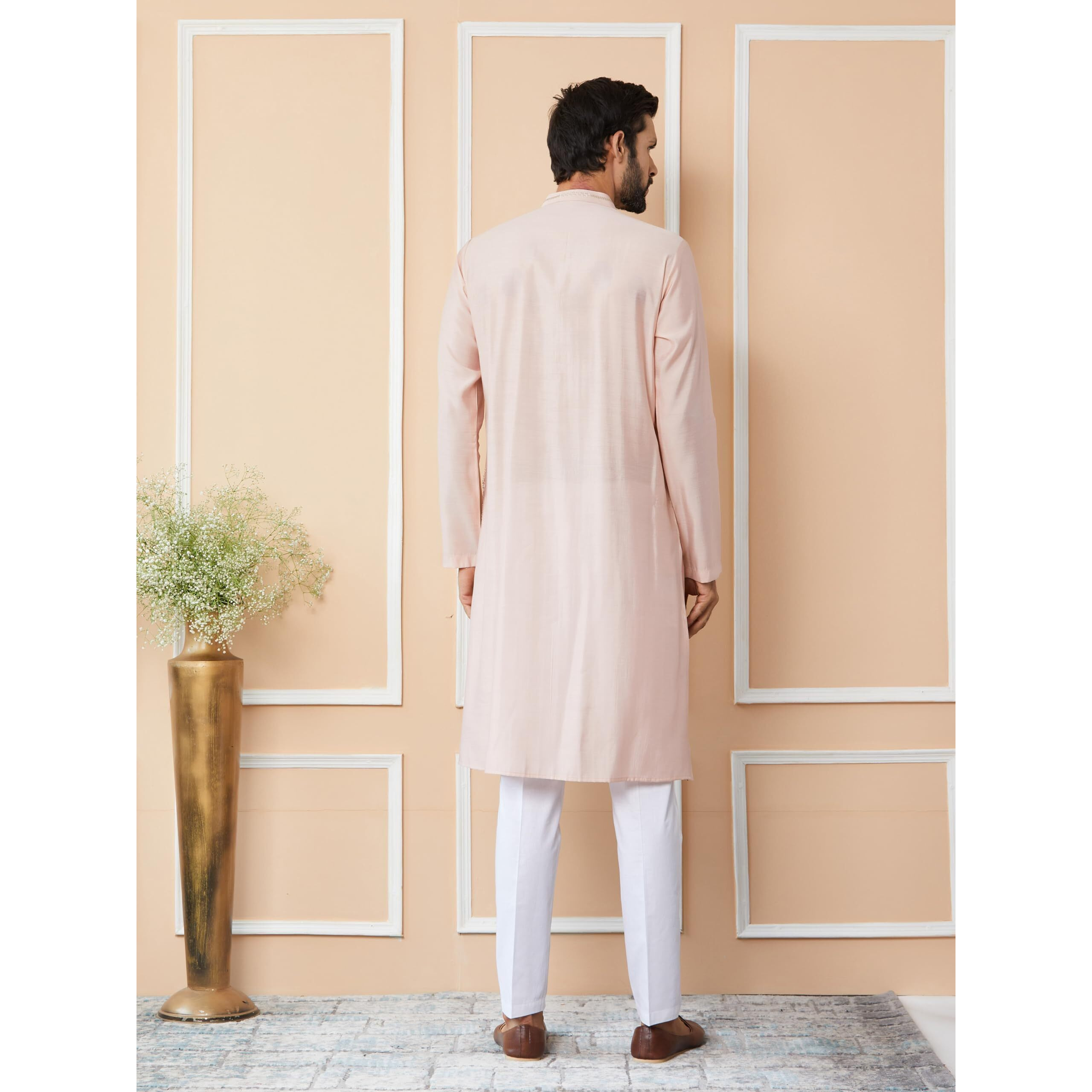 See Designs Men's Long Sleeve Mandarin Collar Side Slit Light Pink Sequins Embroidered Pure Chanderi Silk Straight Kurta - Sdkt2540Xl