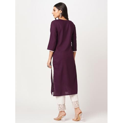 Sanisa Women's Cotton Blend Chikankari Embroidery Straight Kurti (476K10046N-M_Wine)