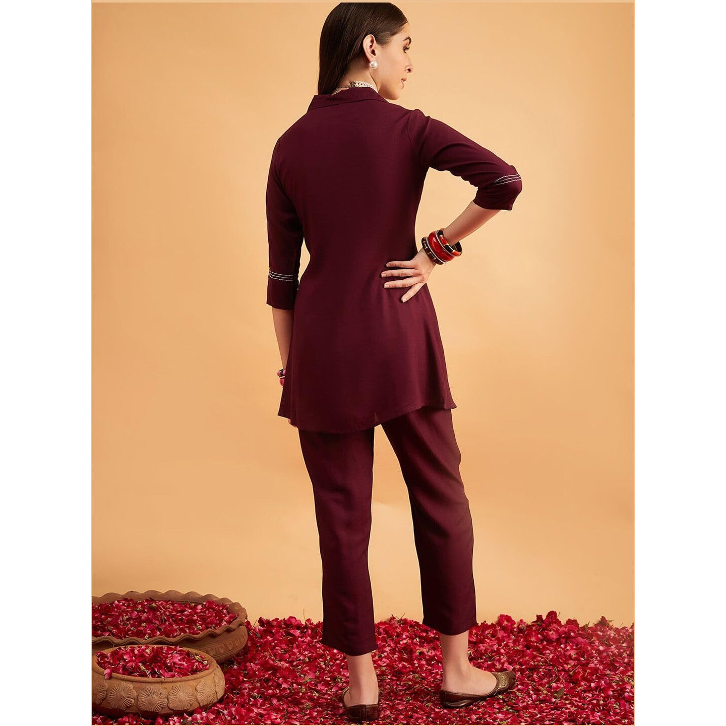 Shasmi Women's Elegant Burgundy Co Ord Set For Women Stylish Kurta Ethnic 3/4 Sleeve Co-Ord Set (Co-Ords 191 Burgundy-L)