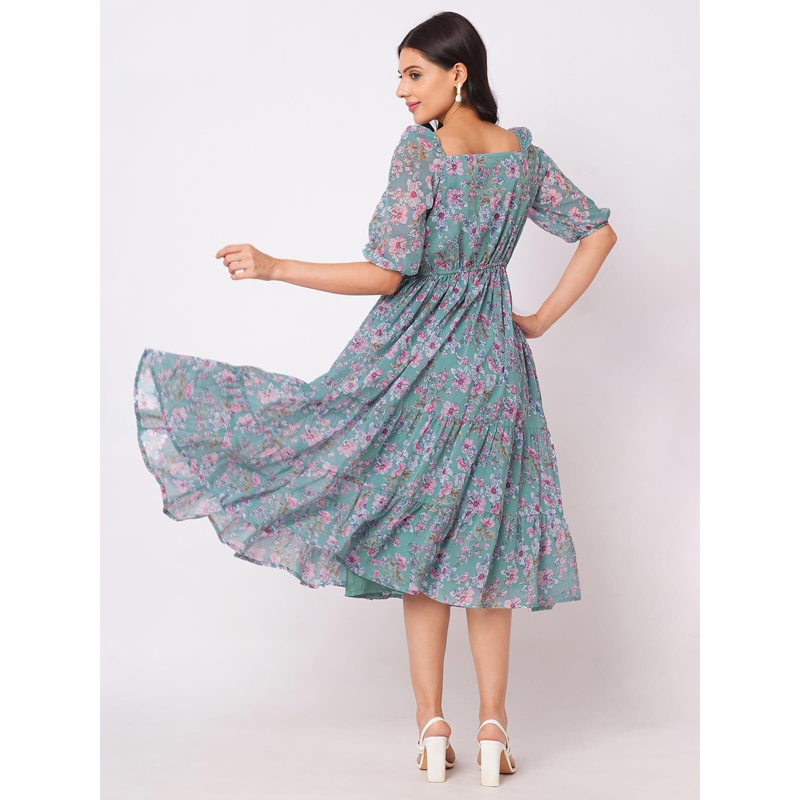 Selvia Western Dress For Women|Georgette Dress For Women| Dress|Floral Printed Dress For Women|One Piece Dress For Women (737Dtk8003N-L_Dusty Blue & Multi)