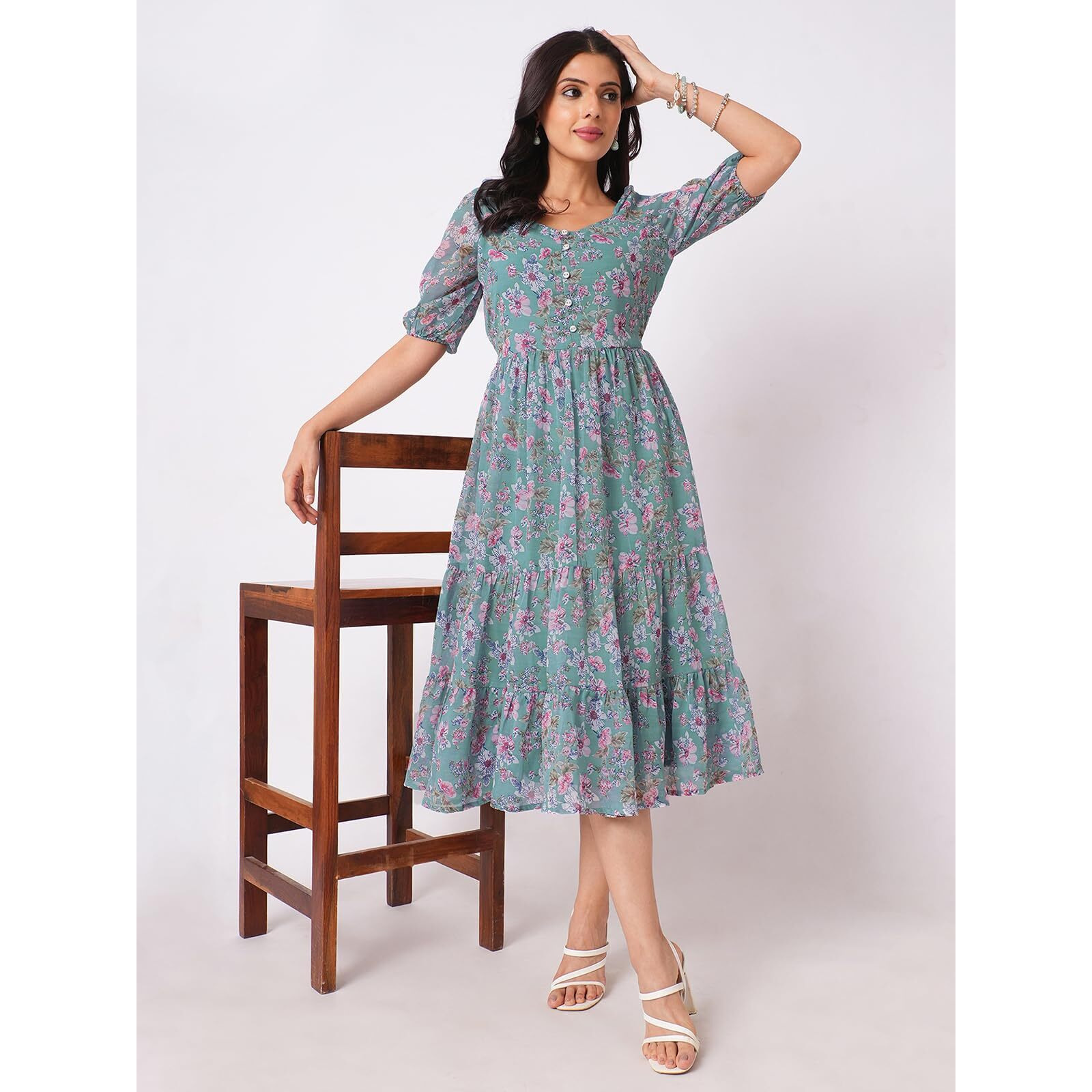 Selvia Western Dress For Women|Georgette Dress For Women| Dress|Floral Printed Dress For Women|One Piece Dress For Women (737Dtk8003N-L_Dusty Blue & Multi)