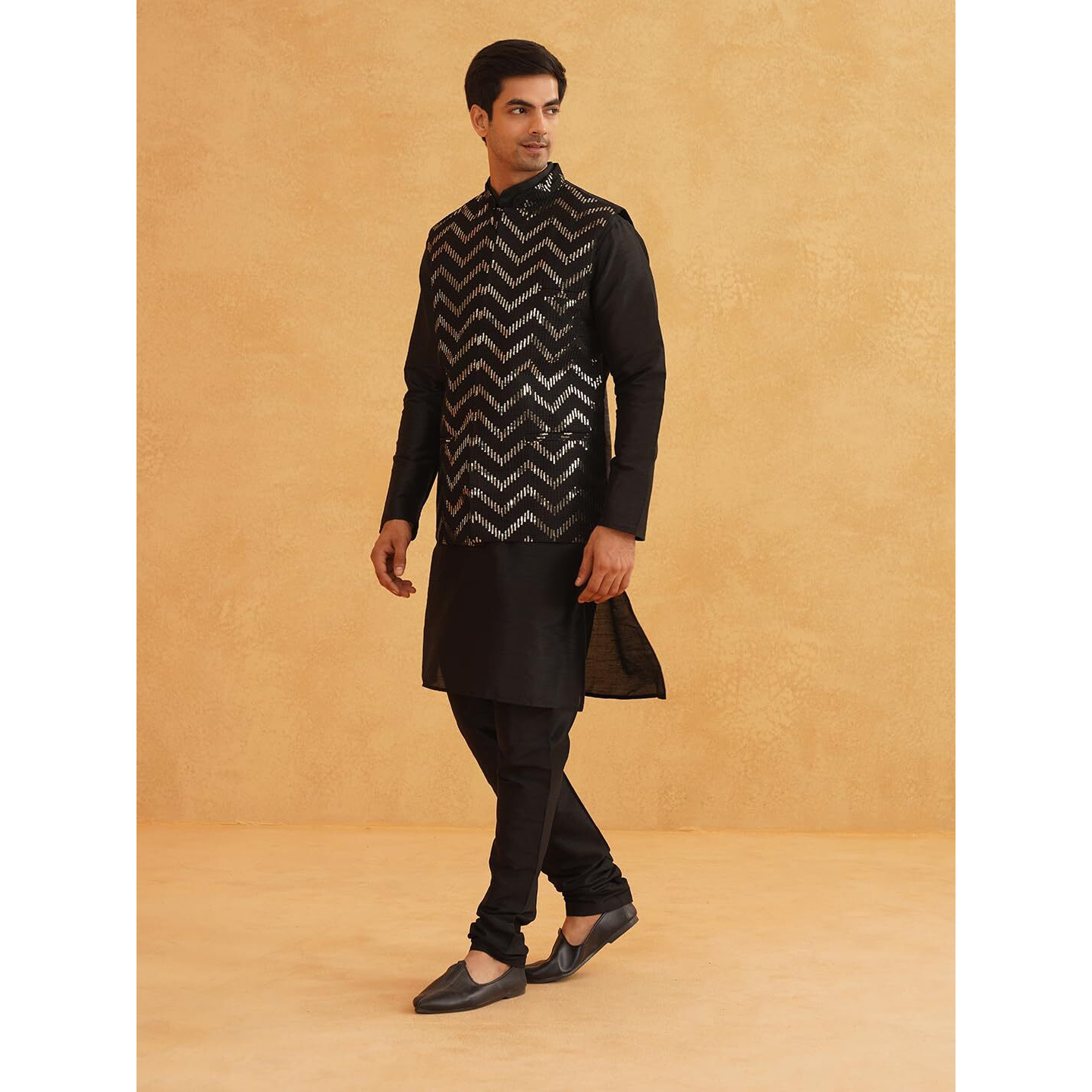 Sojanya (Since 1958 Men's Silk Blend Black Kurta Pyjama With Black Zigzag Nehru Jacket