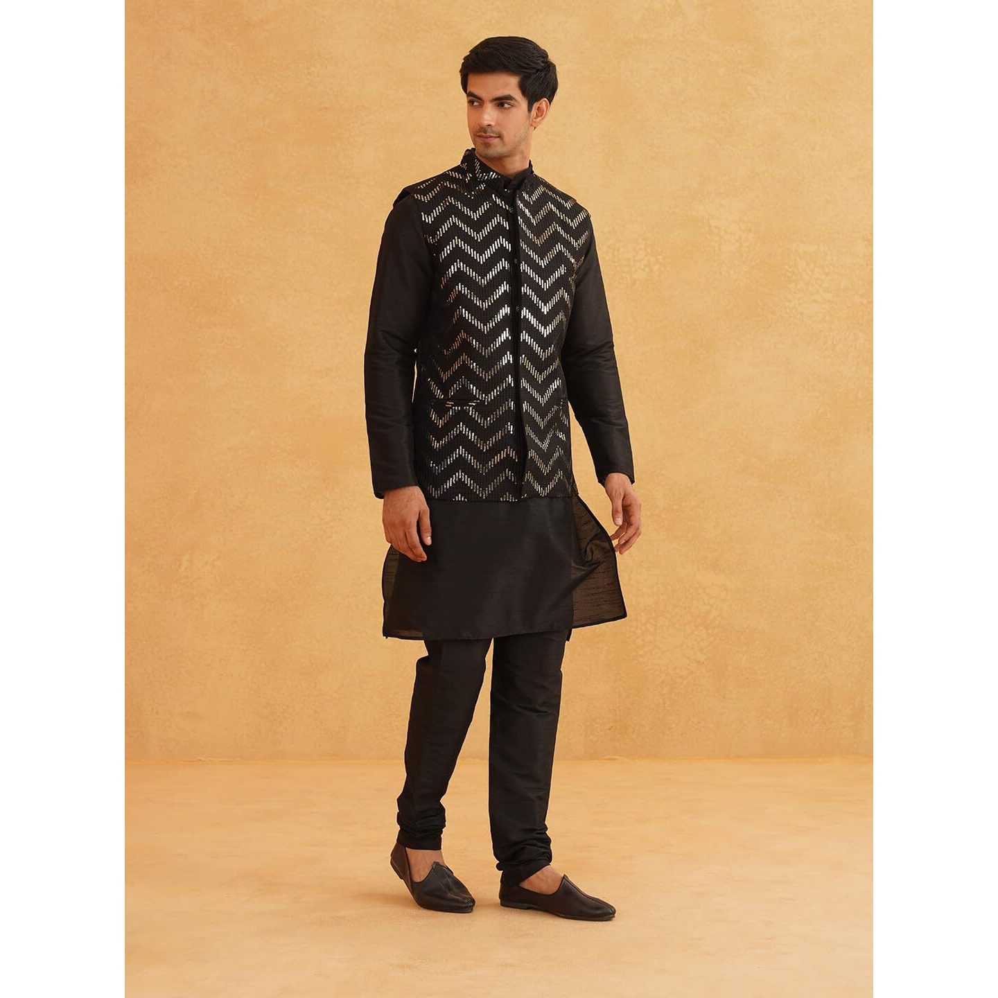 Sojanya (Since 1958 Men's Silk Blend Black Kurta Pyjama With Black Zigzag Nehru Jacket