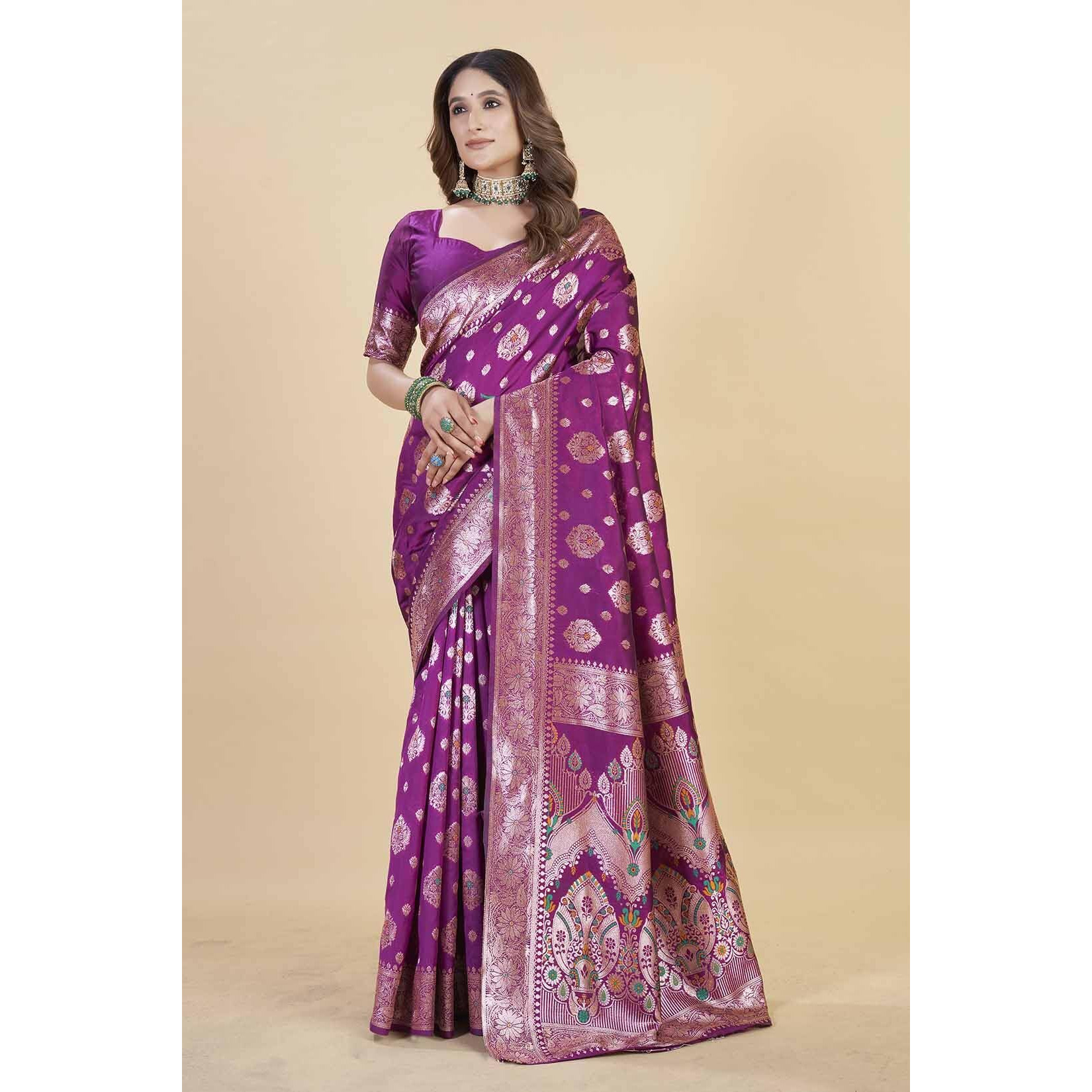 Sugathari Women's Wine Kanjivaram Banarasi Silk Saree For Patola Festival Wedding Silk With Rich Pallu Design Sarees For Women With Blouse Piece (San Jm 1 Wine)