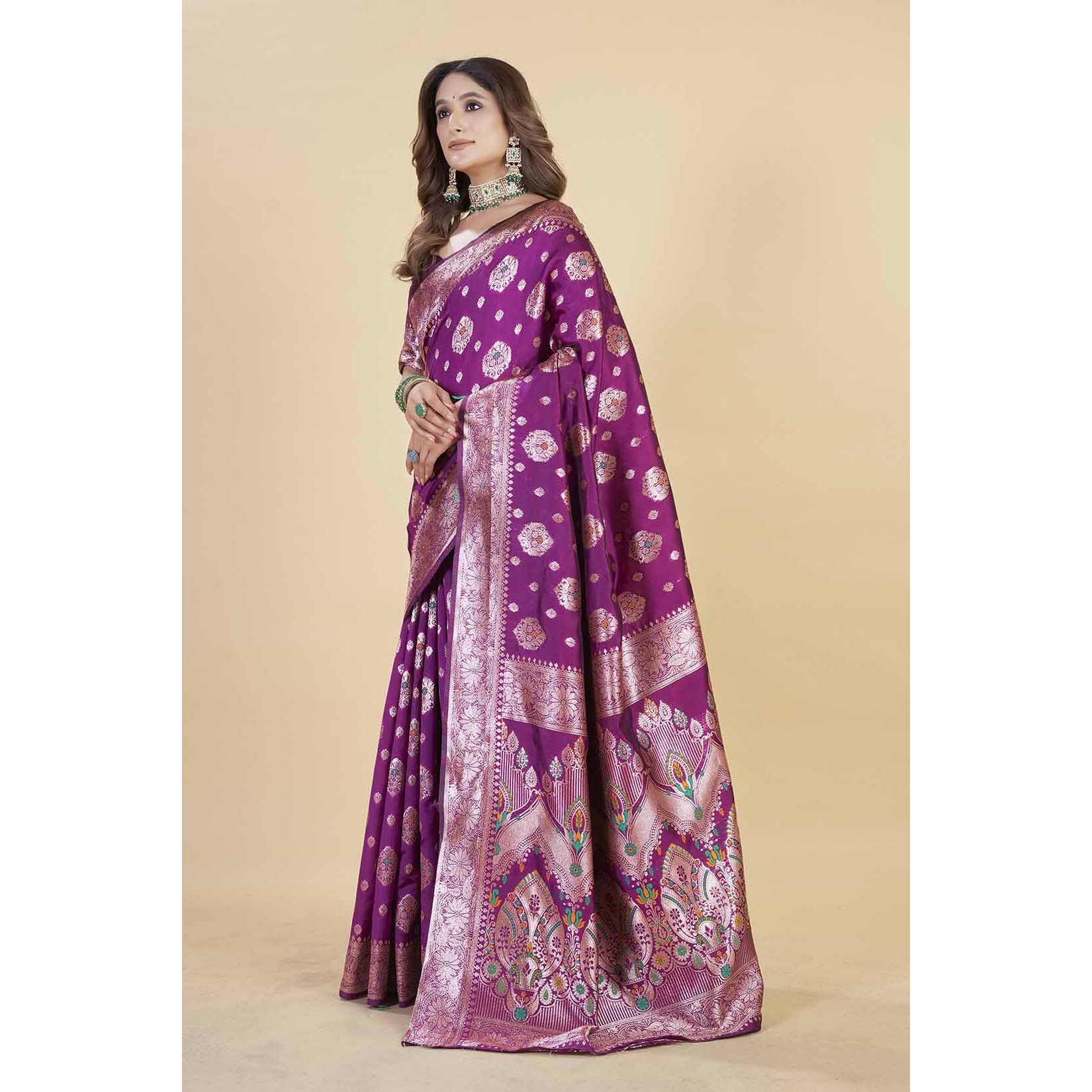 Sugathari Women's Wine Kanjivaram Banarasi Silk Saree For Patola Festival Wedding Silk With Rich Pallu Design Sarees For Women With Blouse Piece (San Jm 1 Wine)