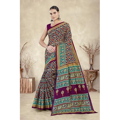 Tamaira Fashion Women's Patola Printed Pure Cotton Mulmul Saree Without Blouse Piece(Ab40_Magenta)