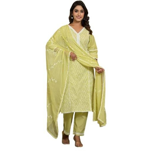 Varanga Women Lime Green Chikankari Embroidered Kurta Set With Dupatta