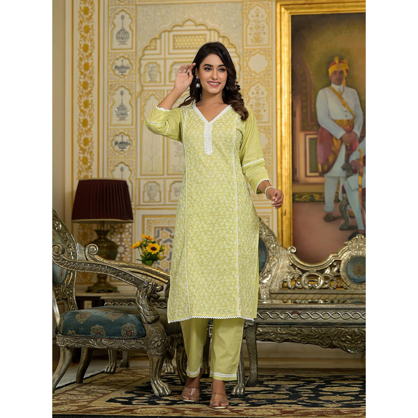 Varanga Women Lime Green Chikankari Embroidered Kurta Set With Dupatta