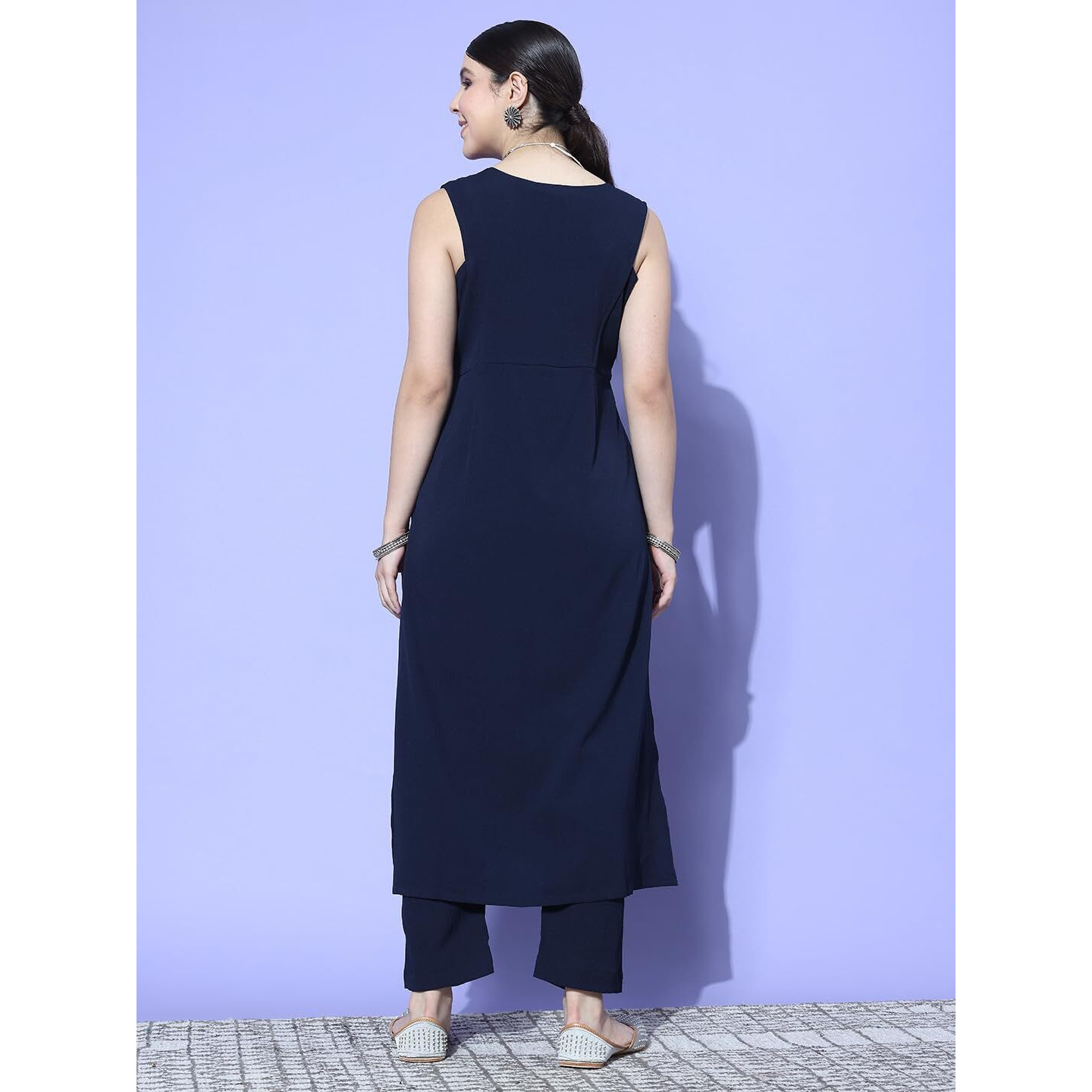 Varanga Women Navy Blue V-Neck With Contrast Embroidered Yoke Sleeveless Straight Kurta With Mutliple Detail Paired With Tonal Bottom