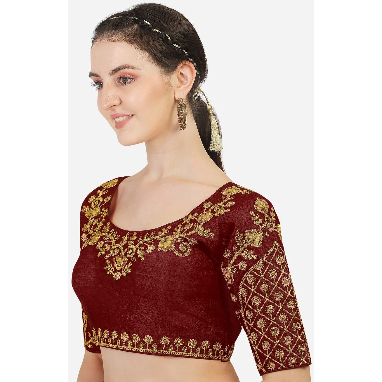 Vihu Fashion Women's Silk Floral Half Sleeve Blouse (Florall Maroon 38_Maroon_38)