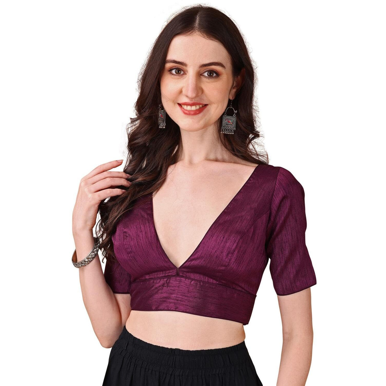 Womanista Silk Women's Dupion Solid Short Sleeve Regular Fit V Neck Blouse (Bl_71_Magenta Xl)