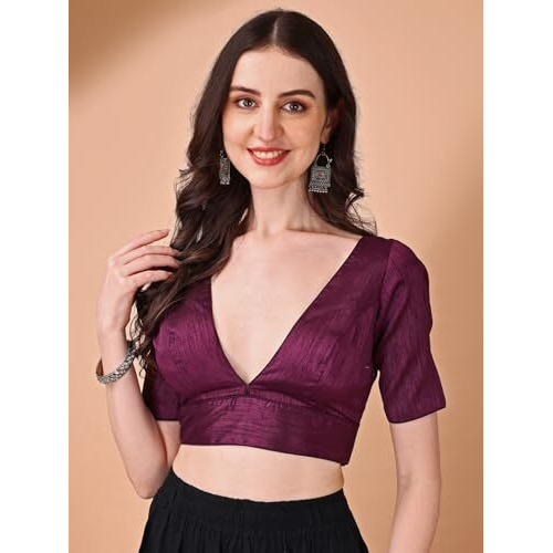 Womanista Silk Women's Dupion Solid Short Sleeve Regular Fit V Neck Blouse (Bl_71_Magenta Xl)