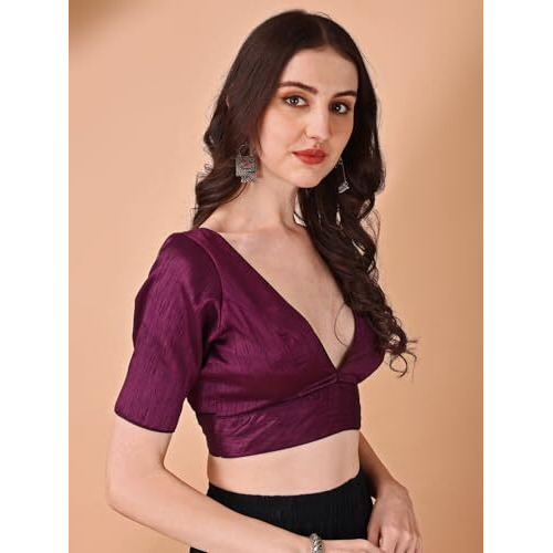 Womanista Silk Women's Dupion Solid Short Sleeve Regular Fit V Neck Blouse (Bl_71_Magenta Xl)