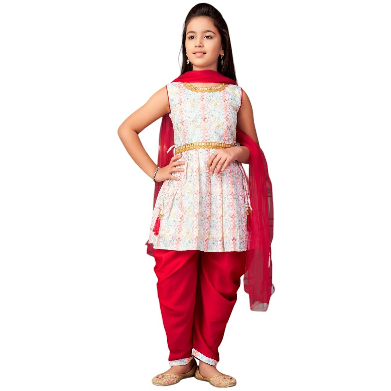 Aarika Girls Ethnic Wear Maroon-White Colour Sequin Embroidery Lace Work Polycrepe Kurti Patiala Set With Dupatta-3-13 Years (Pt-5010)