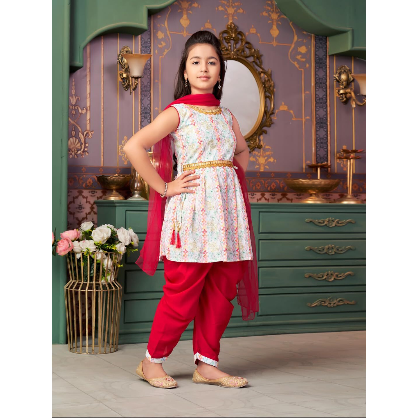 Aarika Girls Ethnic Wear Maroon-White Colour Sequin Embroidery Lace Work Polycrepe Kurti Patiala Set With Dupatta-3-13 Years (Pt-5010)