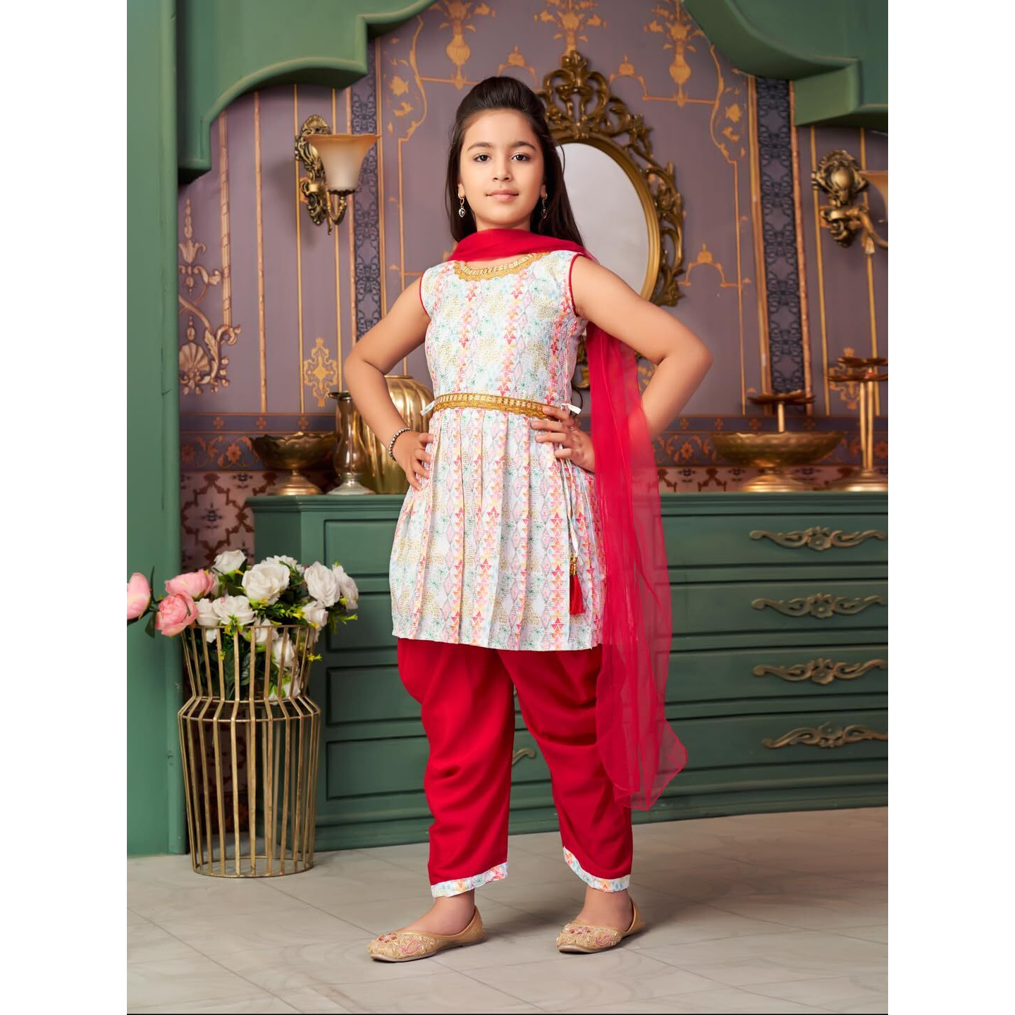 Aarika Girls Ethnic Wear Maroon-White Colour Sequin Embroidery Lace Work Polycrepe Kurti Patiala Set With Dupatta-3-13 Years (Pt-5010)