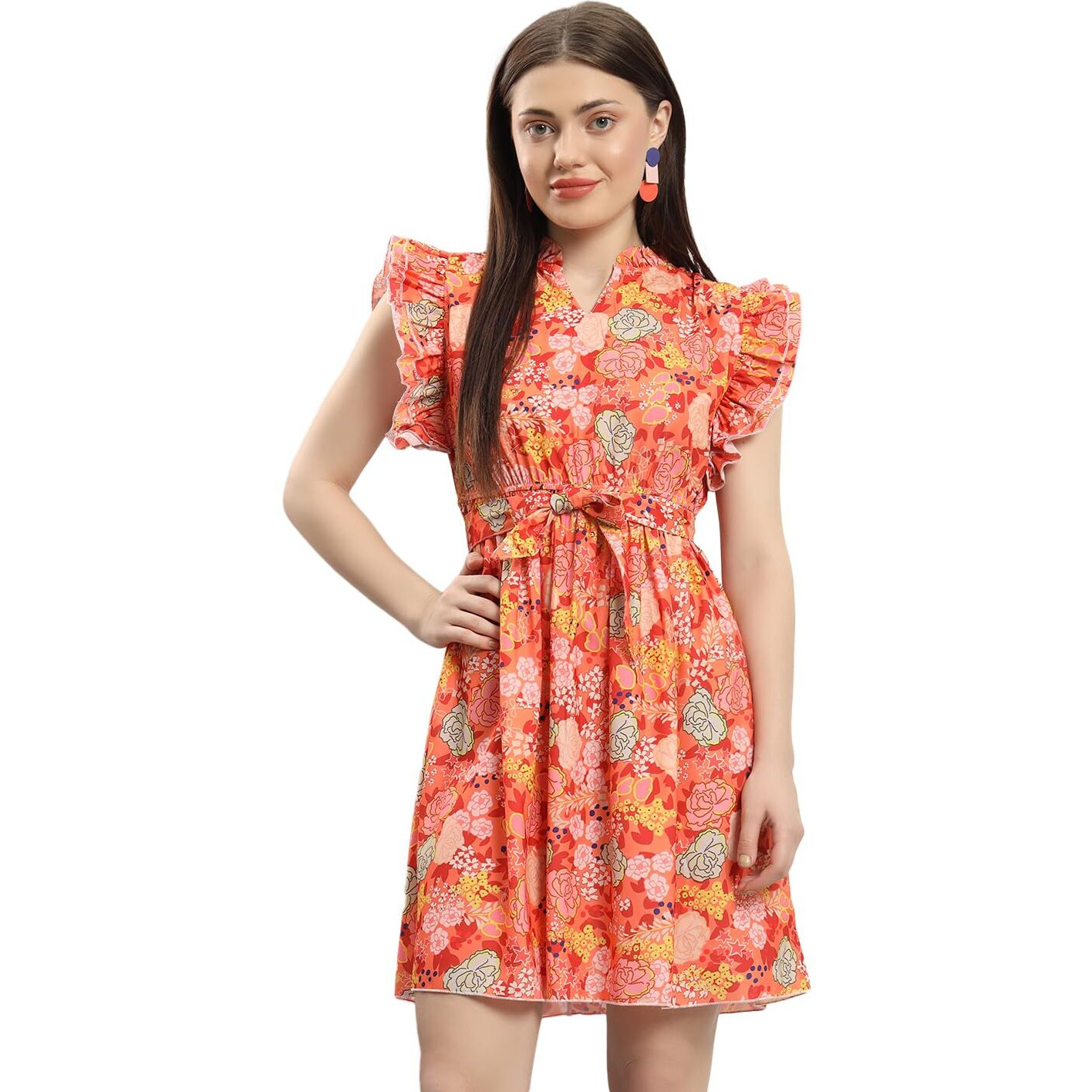 Addyvero Floral Print Ruffle Sleeve Ruffle Neck With Waist Knot & Tie Fit& Flare Dress (Orange, Xl)