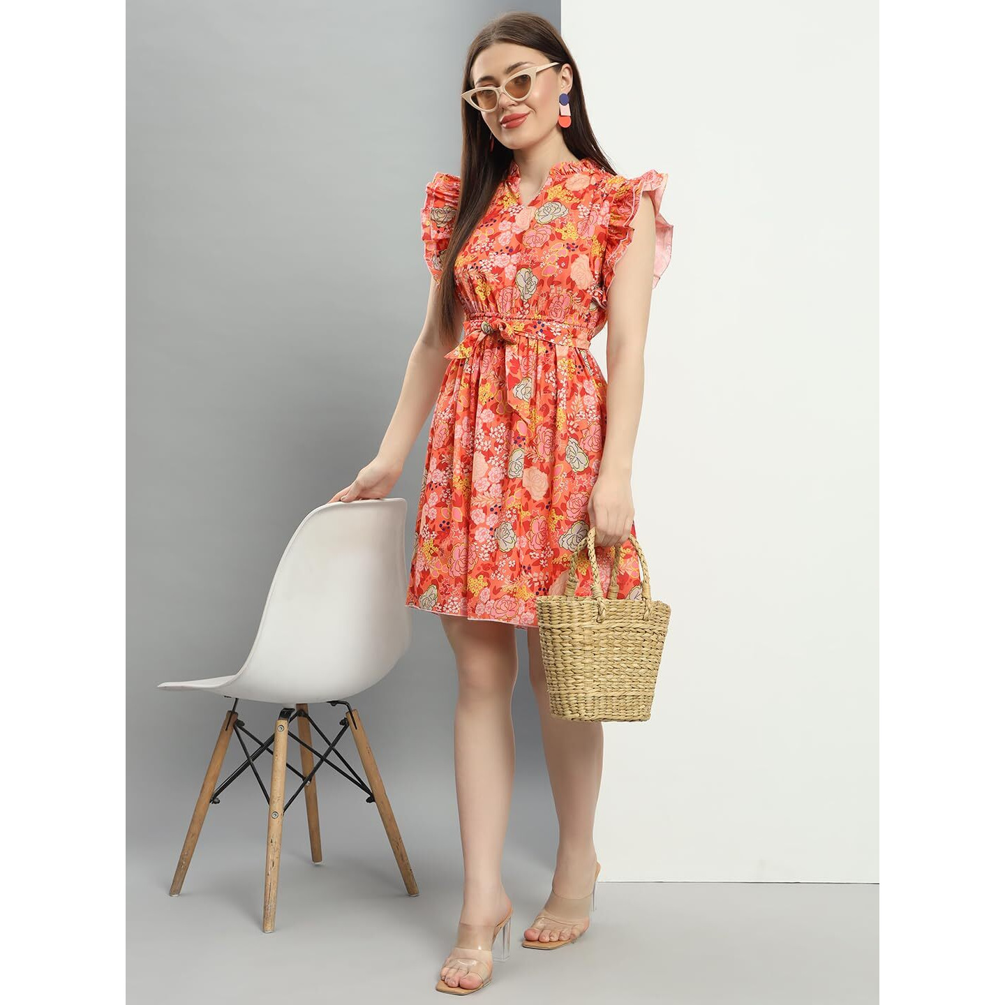 Addyvero Floral Print Ruffle Sleeve Ruffle Neck With Waist Knot & Tie Fit& Flare Dress (Orange, Xl)