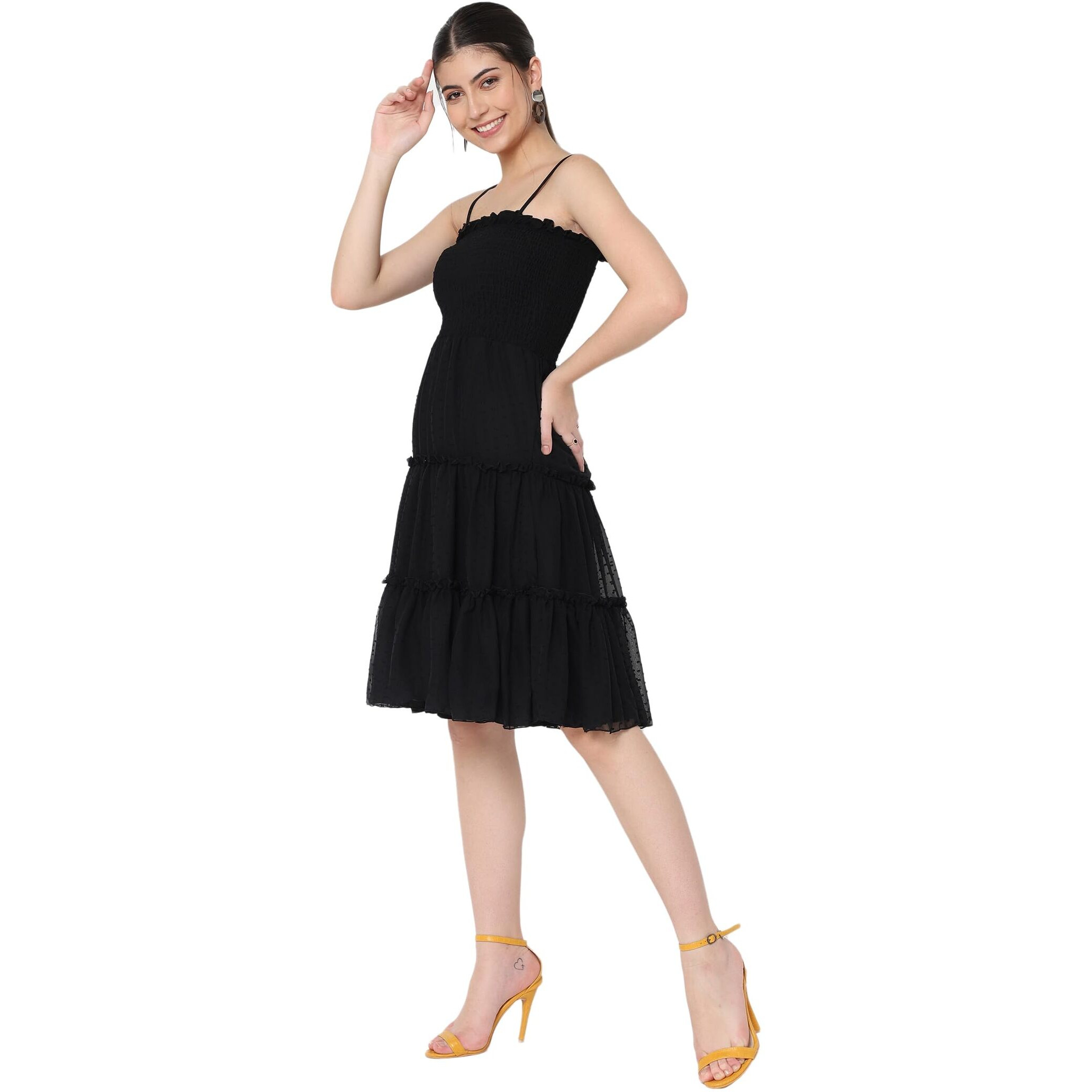 Avanova Jacquard Georgette Butti Black Off Shoulder Knee Length Western Dresses For Women (Dress 74 Black S)