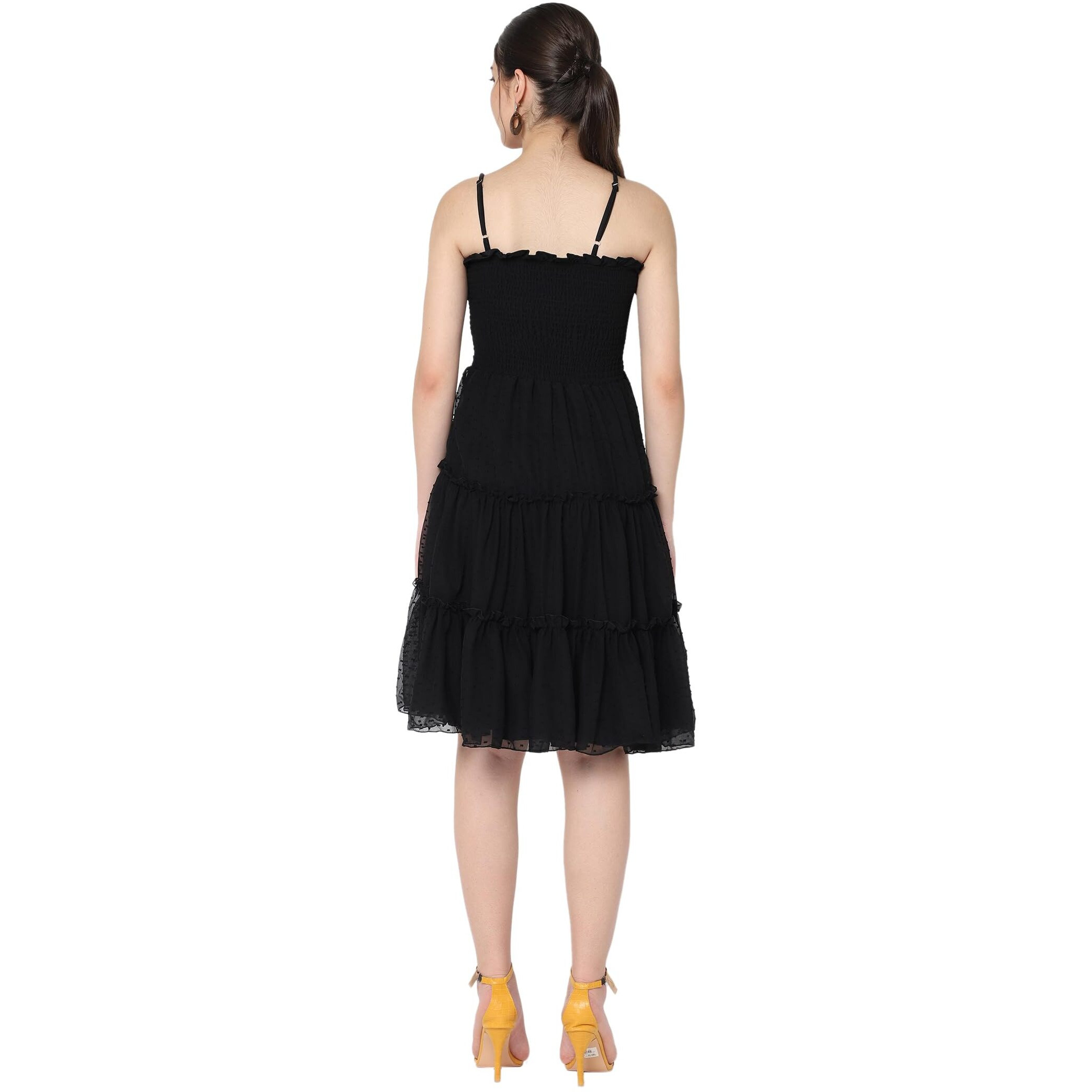 Avanova Jacquard Georgette Butti Black Off Shoulder Knee Length Western Dresses For Women (Dress 74 Black S)