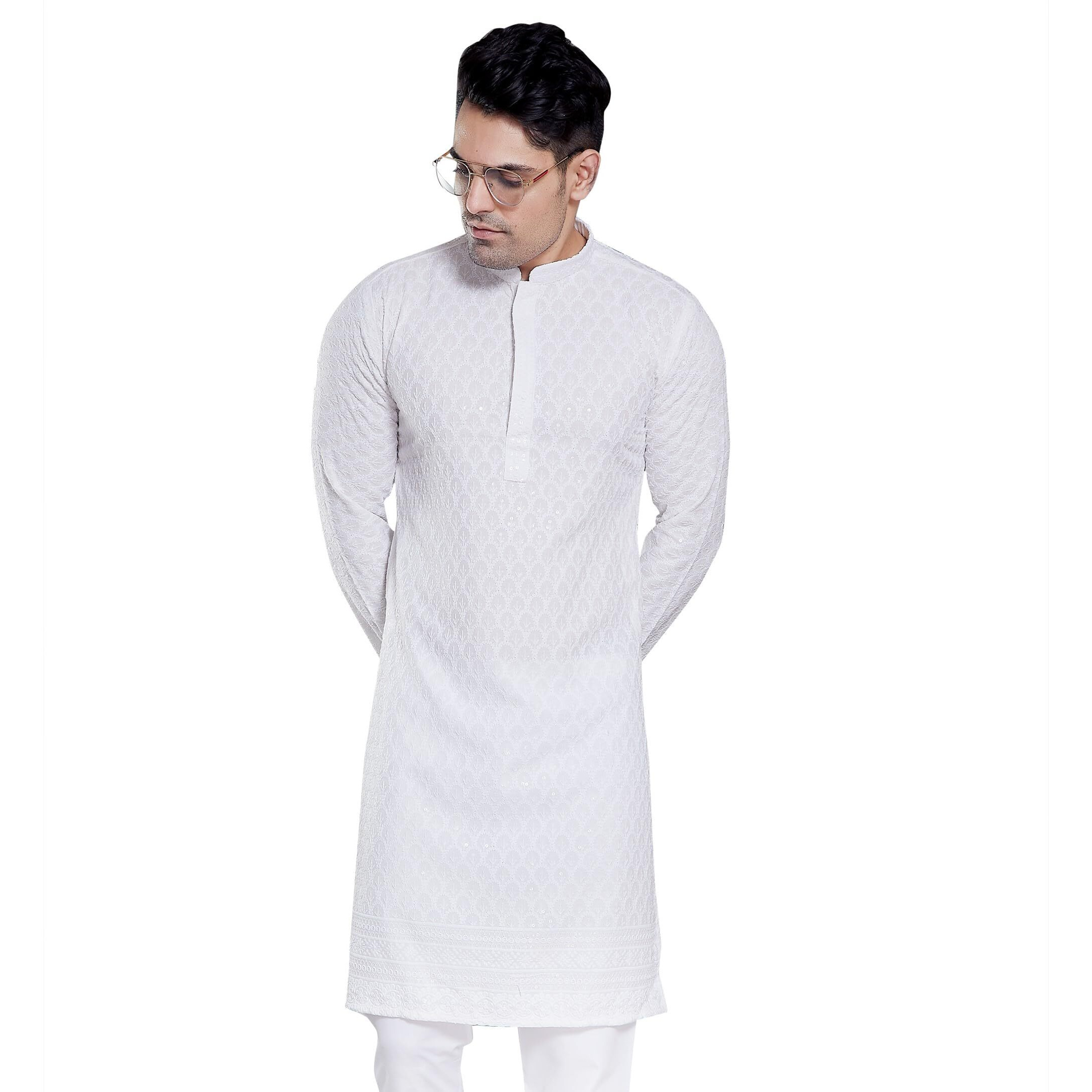 Divisive Men's Sequince Embroidered Cotton Blend Only Slim Fit Kurta (Dkrt106_Xl_White)