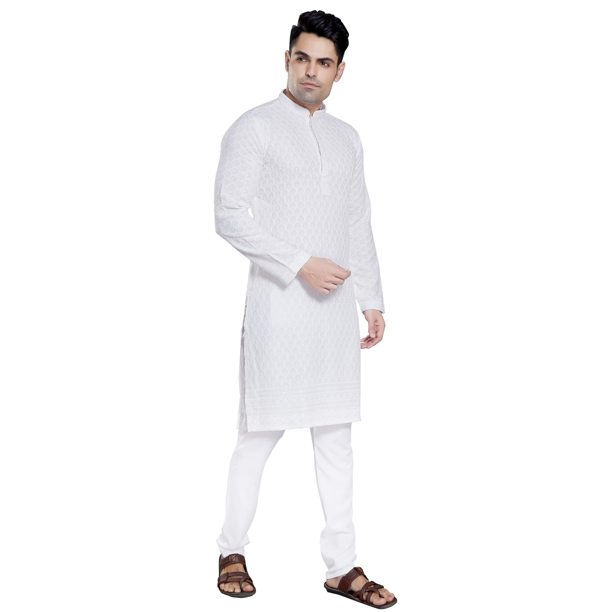 Divisive Men's Sequince Embroidered Cotton Blend Only Slim Fit Kurta (Dkrt106_Xl_White)
