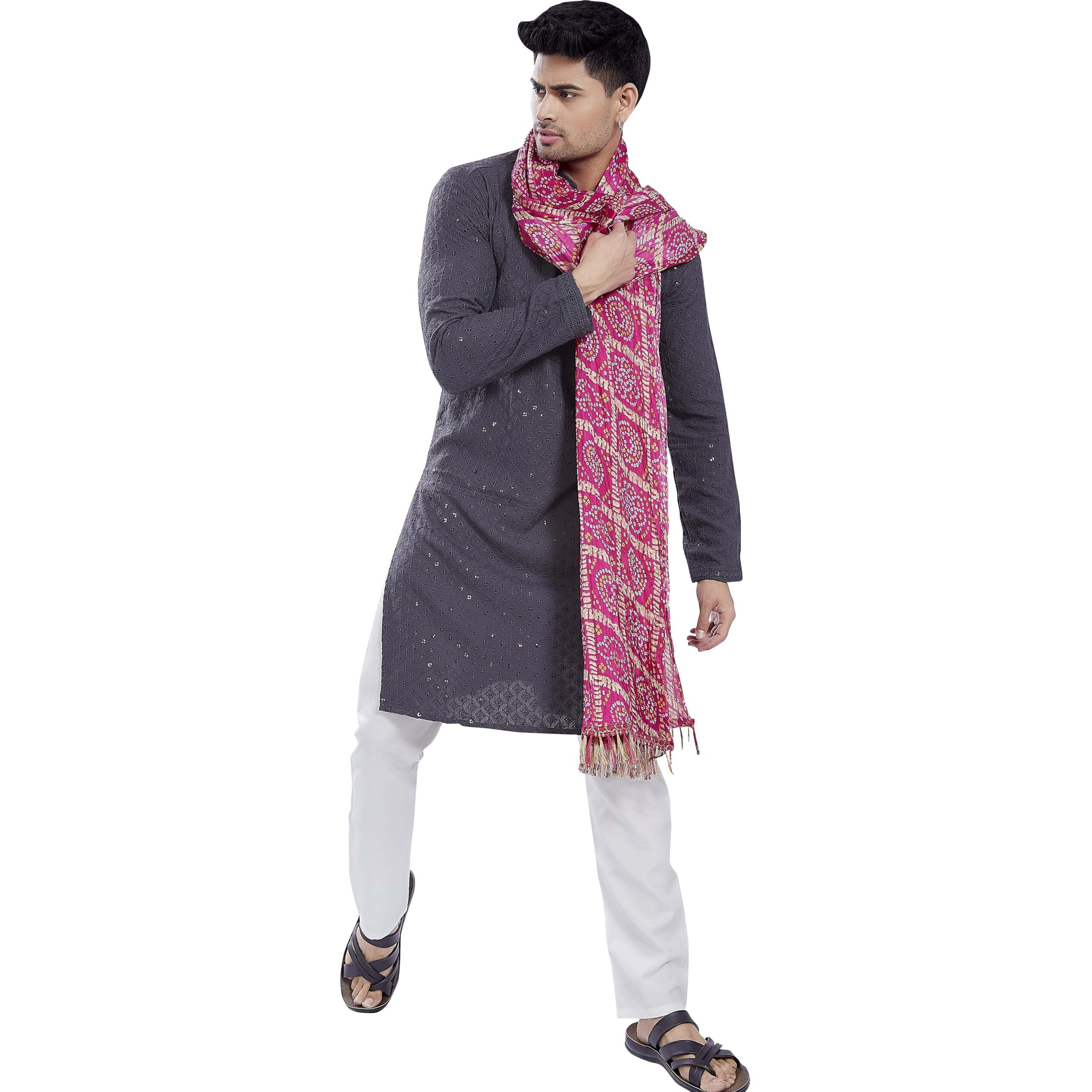 Divisive Men's Printed Art Silk Bandhani Dupatta/Stole(Ddp2_Pink)