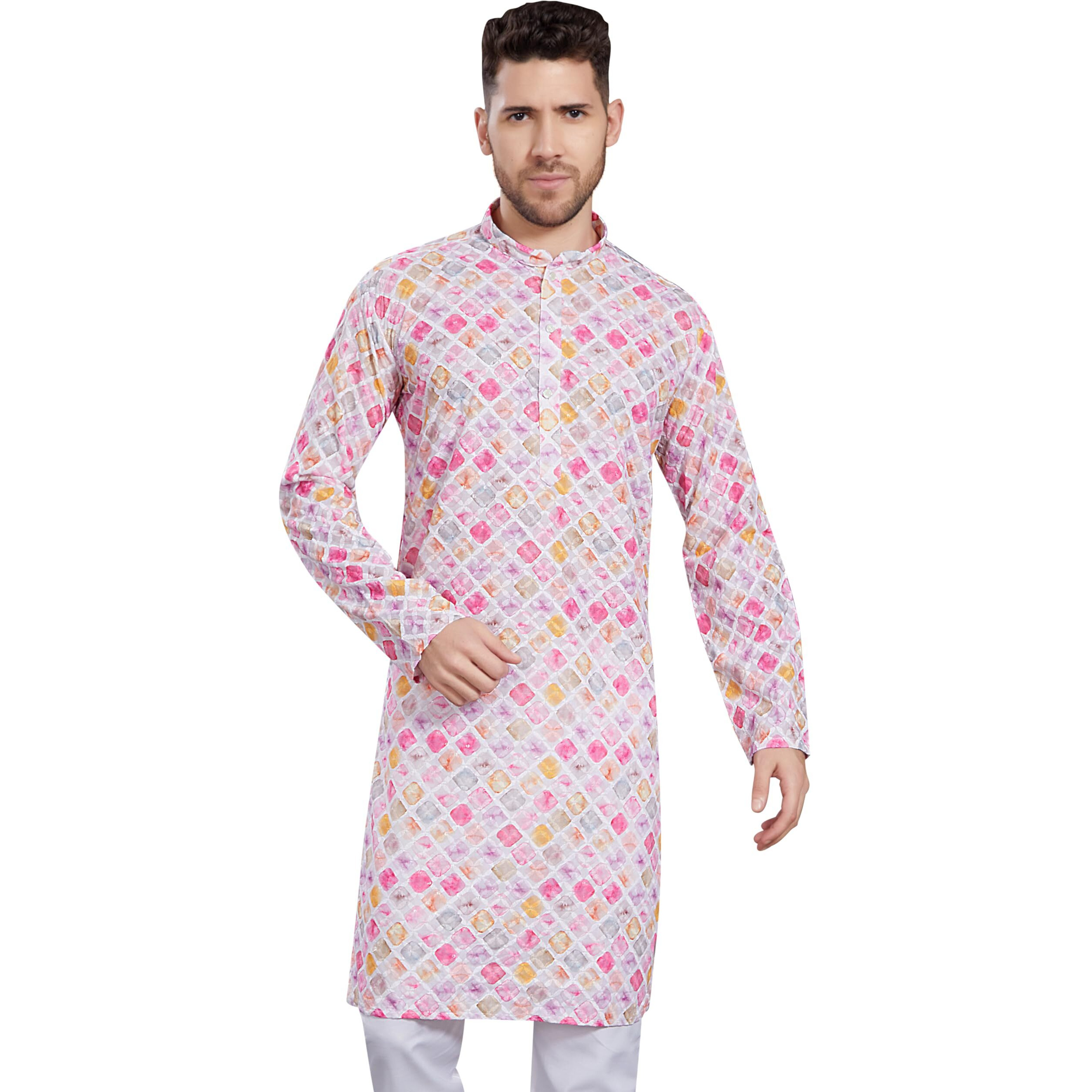 Divisive Men's Thread Embroidered Cotton Blend Only Slim Fit Kurta (Dkrt791_M_White - Pink)
