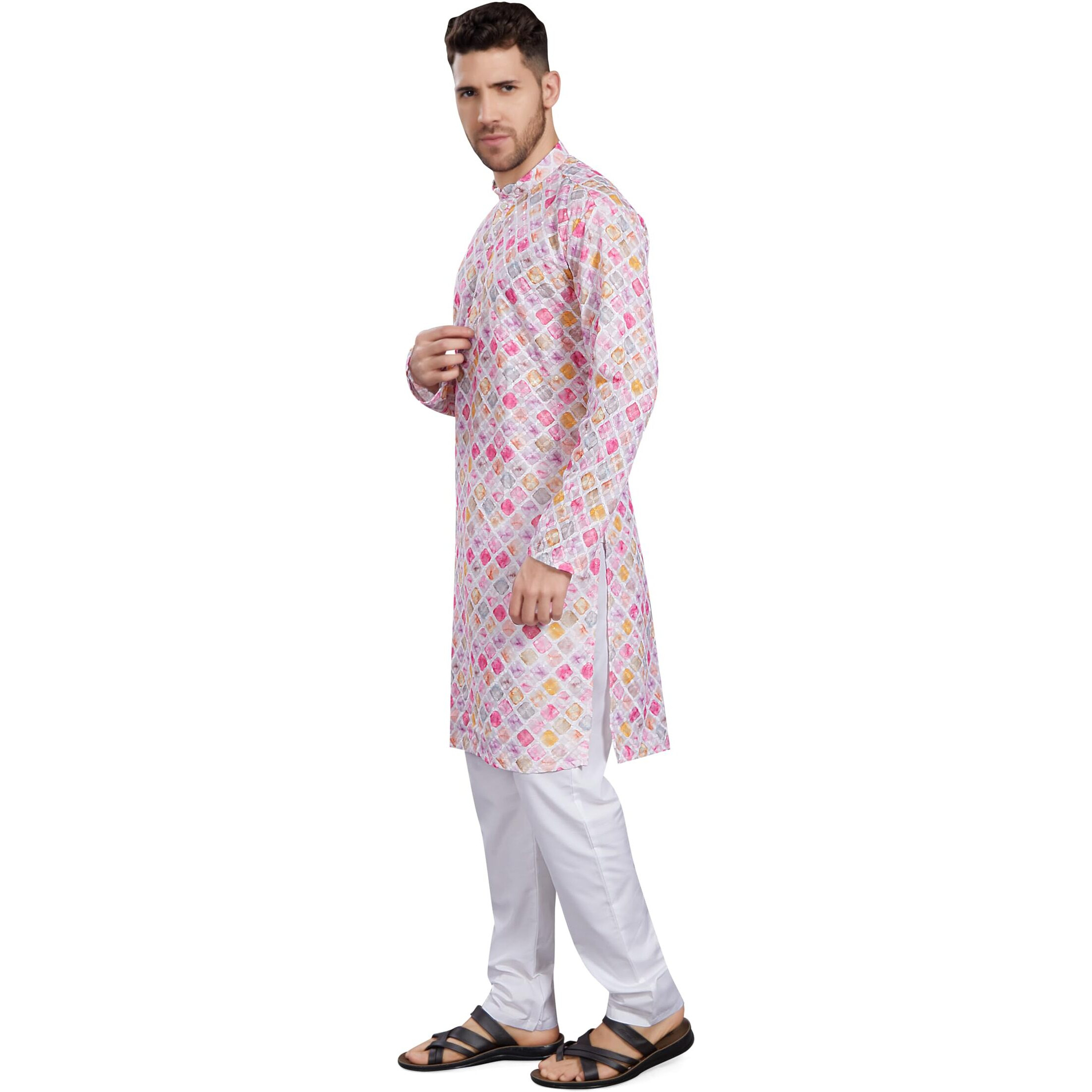 Divisive Men's Thread Embroidered Cotton Blend Only Slim Fit Kurta (Dkrt791_M_White - Pink)
