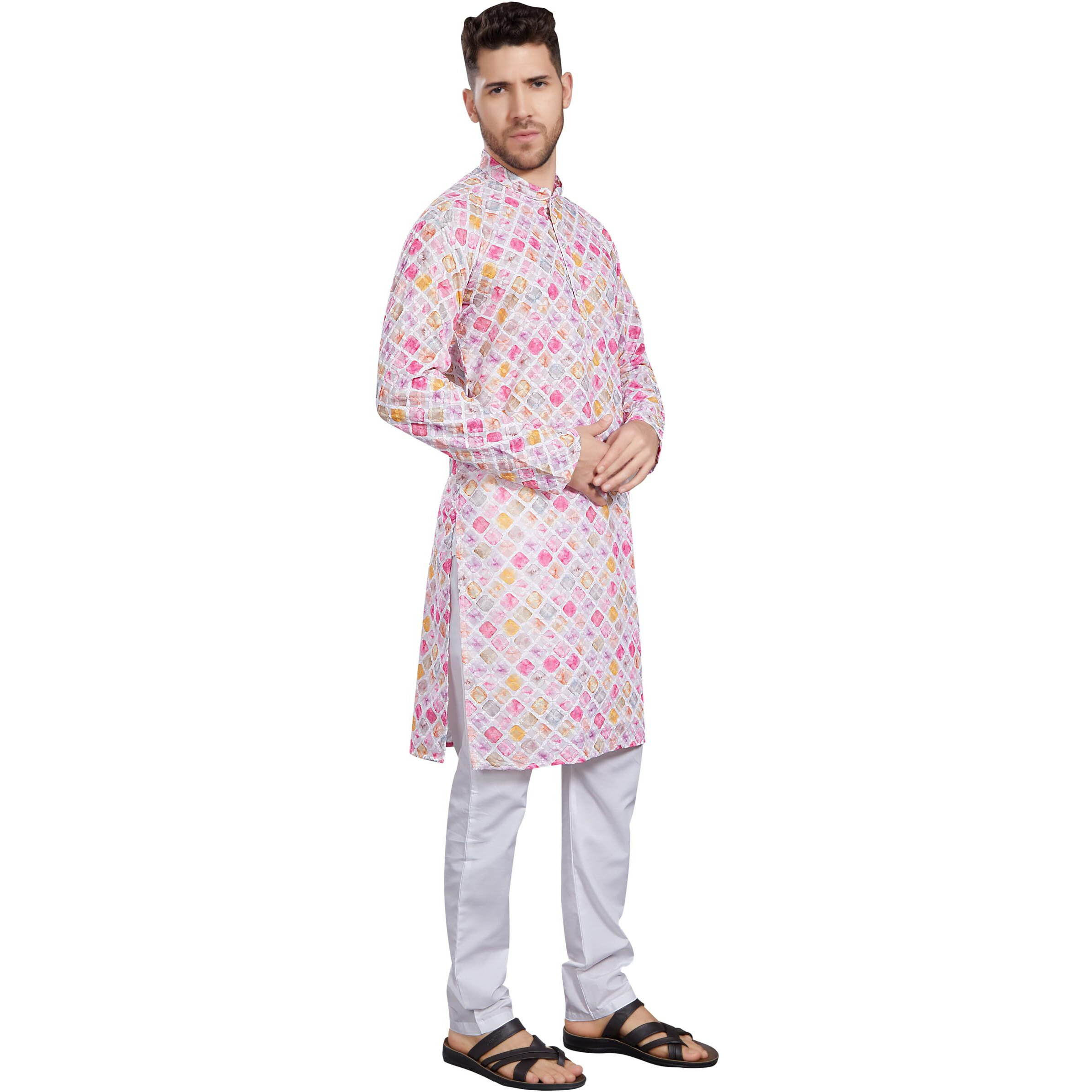 Divisive Men's Thread Embroidered Cotton Blend Only Slim Fit Kurta (Dkrt791_M_White - Pink)