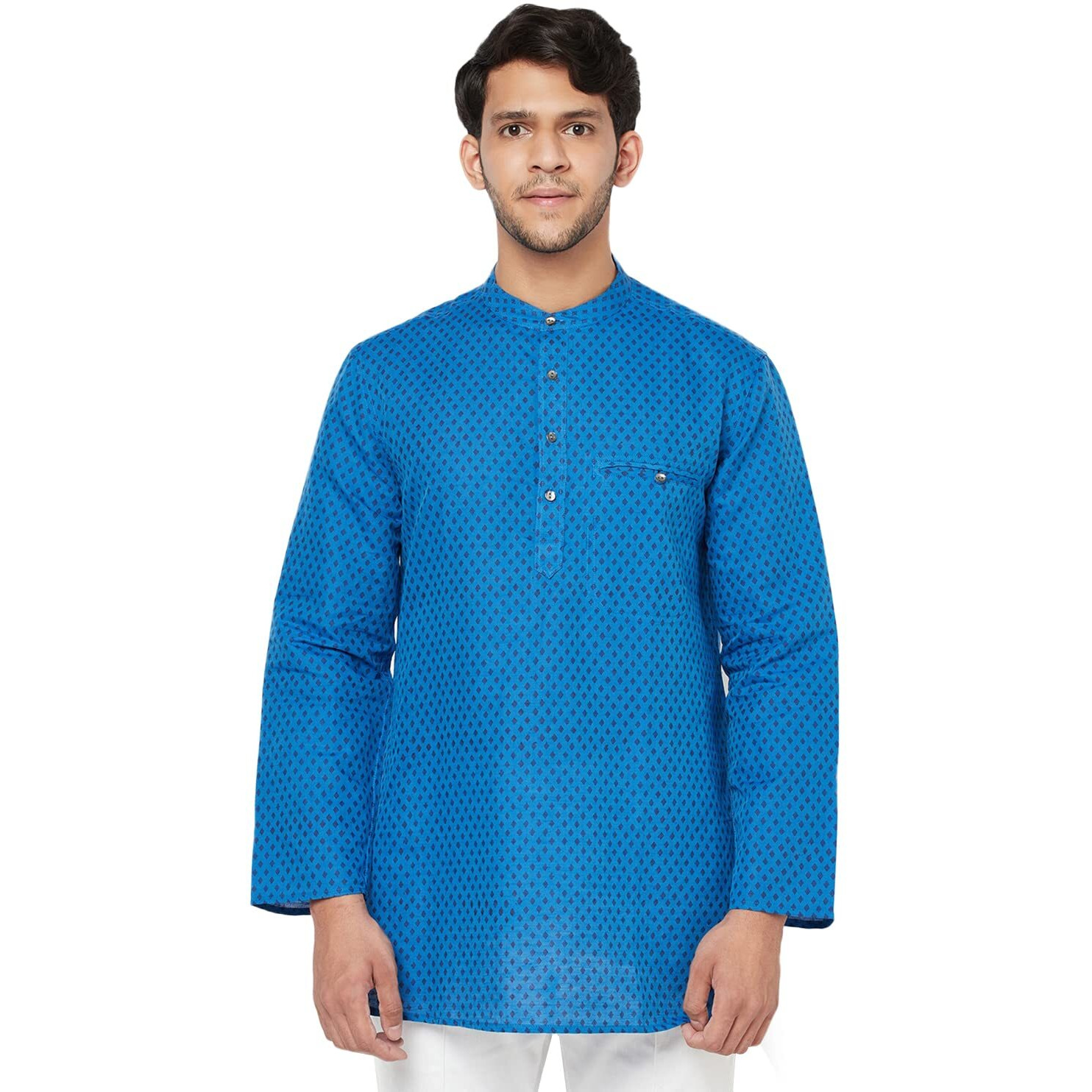Fabindia Men's Linen Blend Printed Comfort Kurta_Dark Blue_S