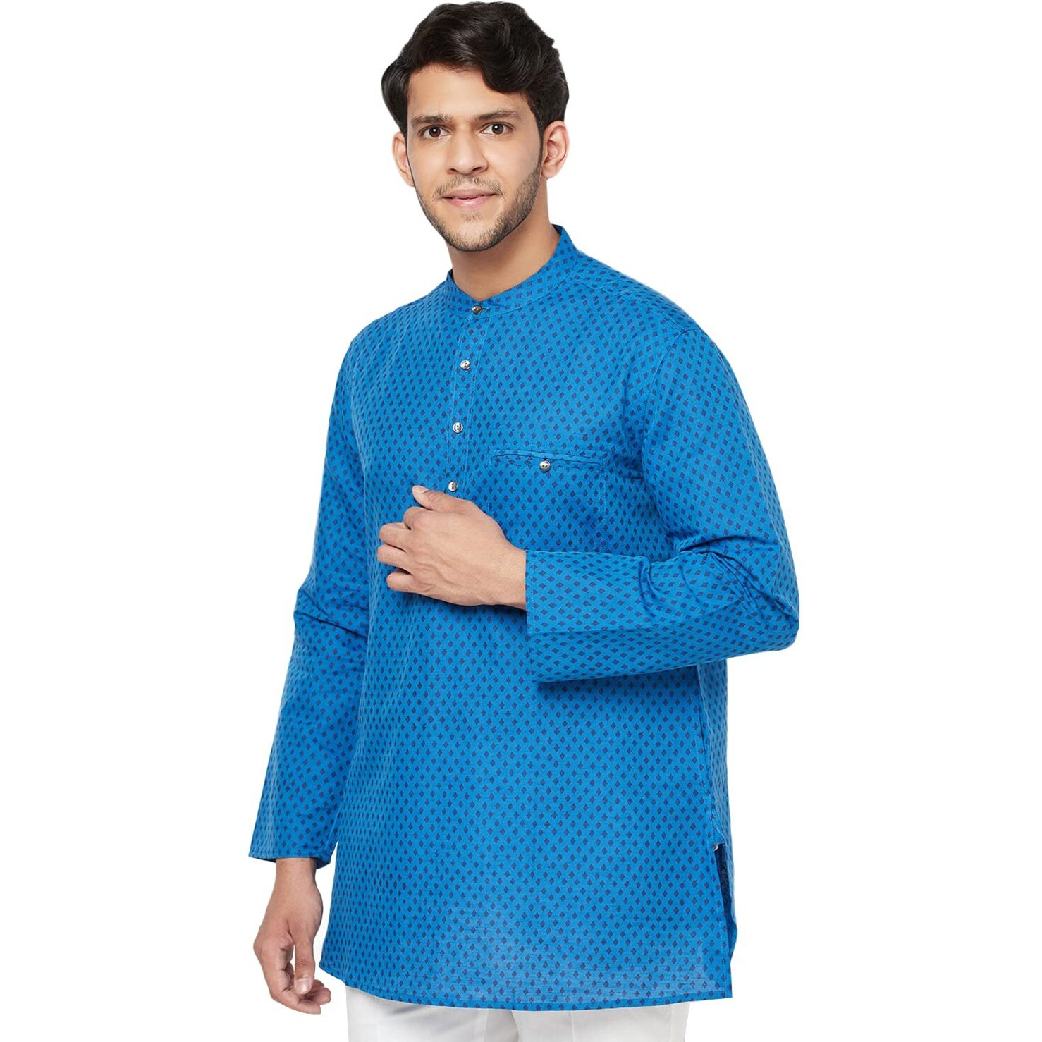 Fabindia Men's Linen Blend Printed Comfort Kurta_Dark Blue_S