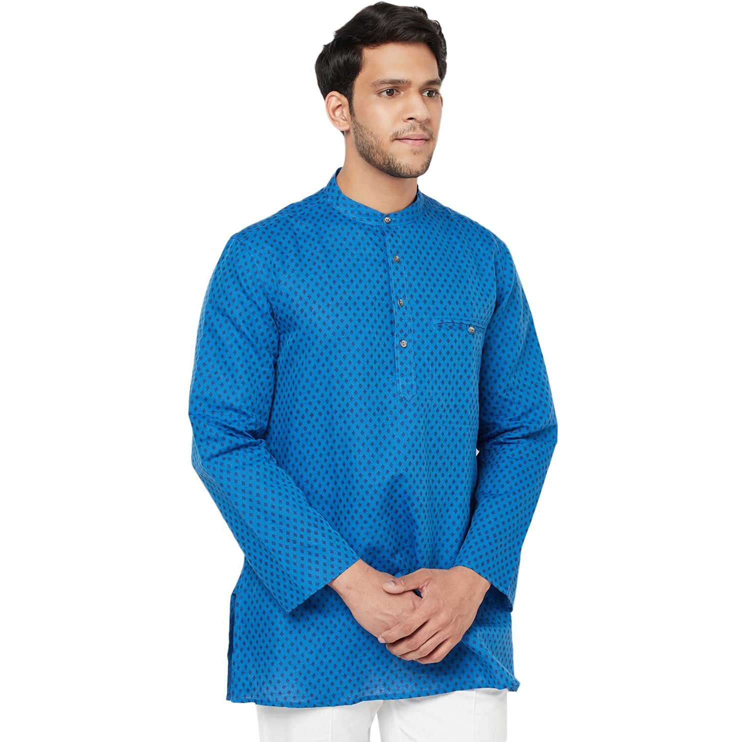 Fabindia Men's Linen Blend Printed Comfort Kurta_Dark Blue_S