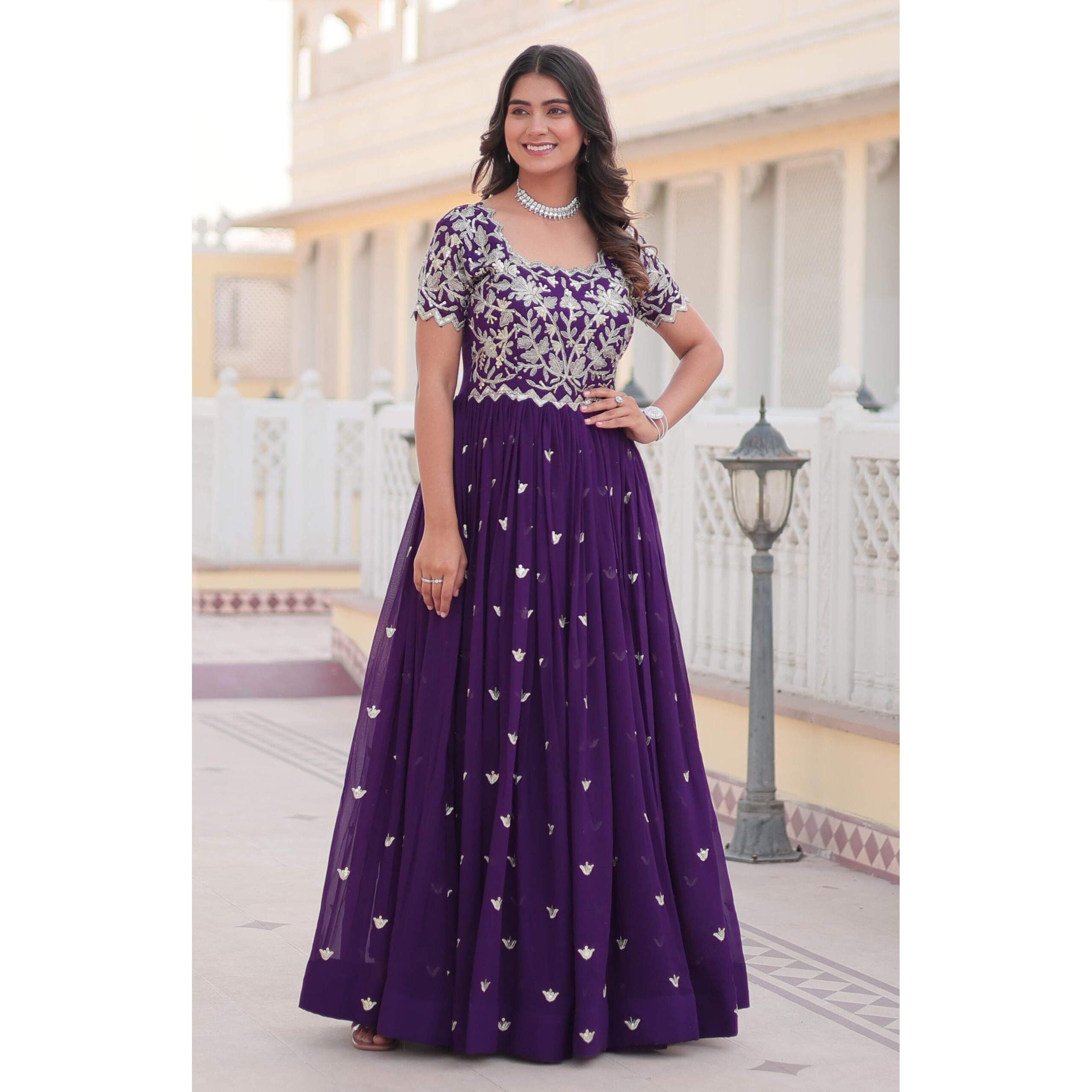 Fashion Basket Pink Anarkali Kurta Set With Embroidered Work For Women (In, Alpha, Xl, Regular, Standard, Purple)
