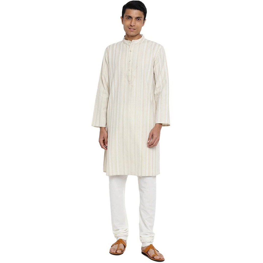 Fabindia Men Cotton Linen Printed Long Kurta Natural_Xs