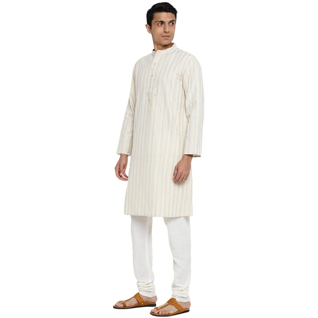 Fabindia Men Cotton Linen Printed Long Kurta Natural_Xs