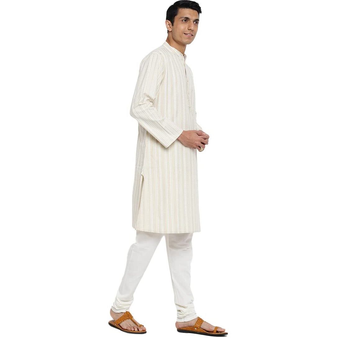 Fabindia Men Cotton Linen Printed Long Kurta Natural_Xs