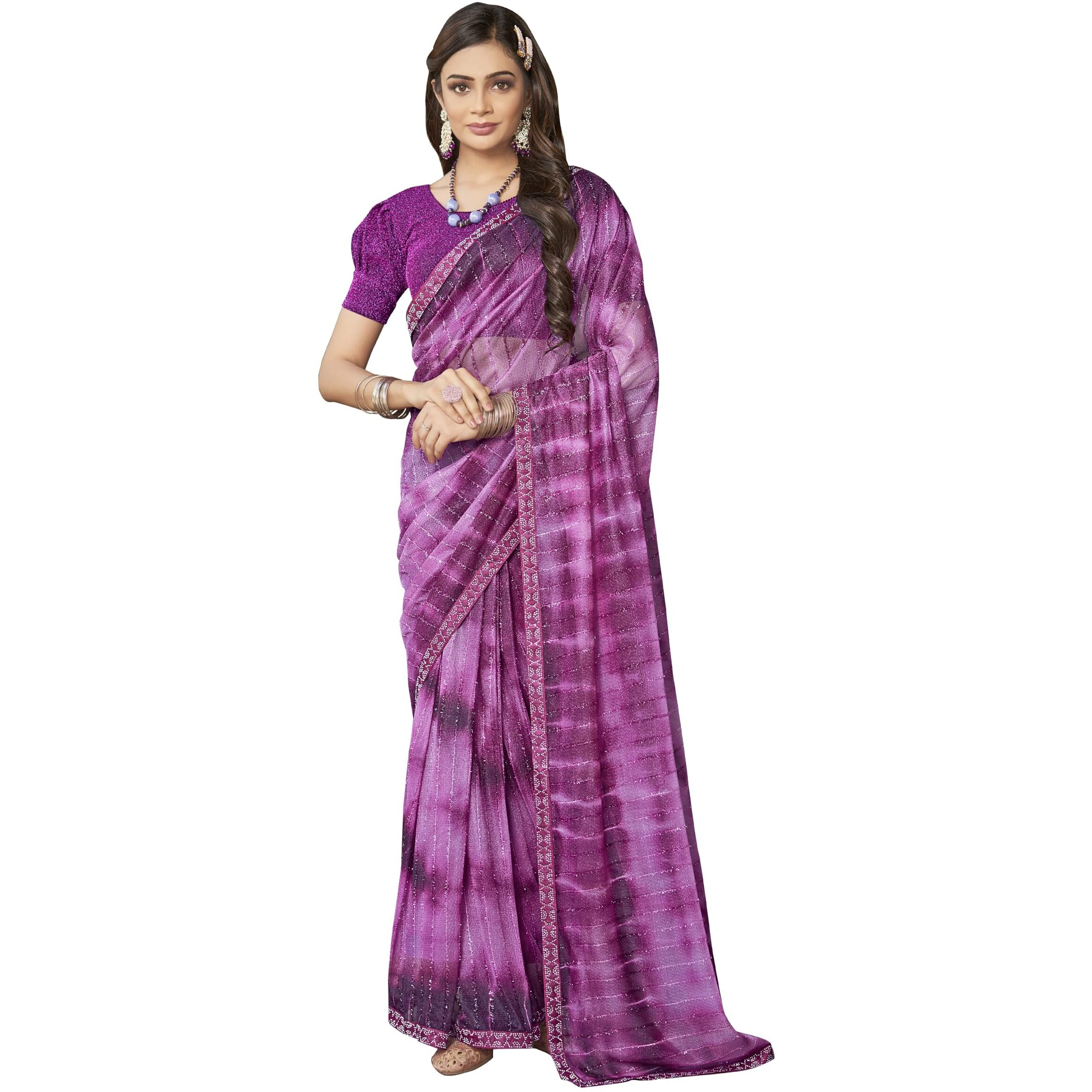 Glory Sarees Womens Lycra Ready To Wear Saree With Stitched Blouse (Wine)