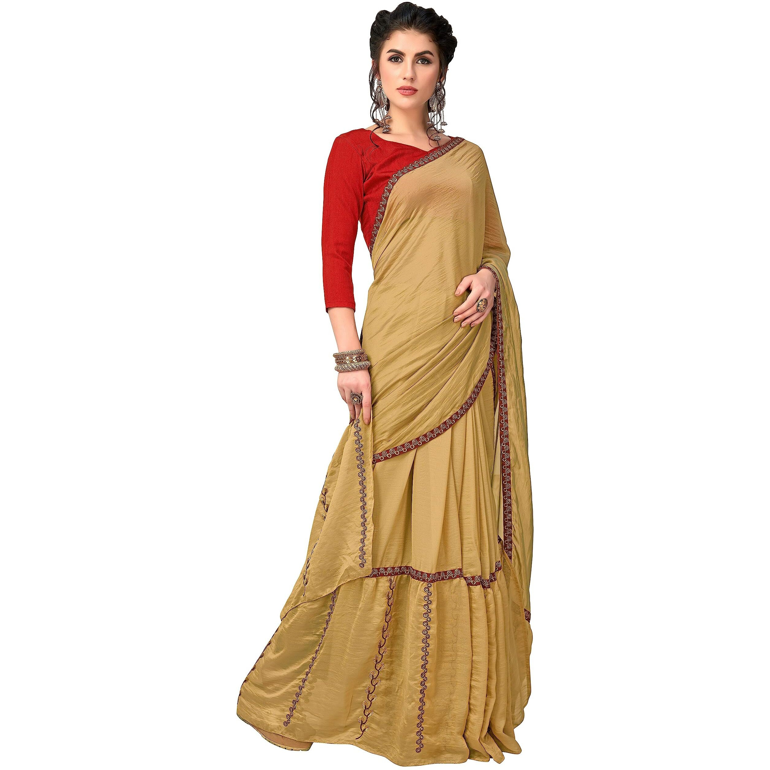 Glory Sarees Plain Weave Silk Blend Kandora Style Ruffle Saree With Blouse Piece (Ruffle_Saree_3_Gold)