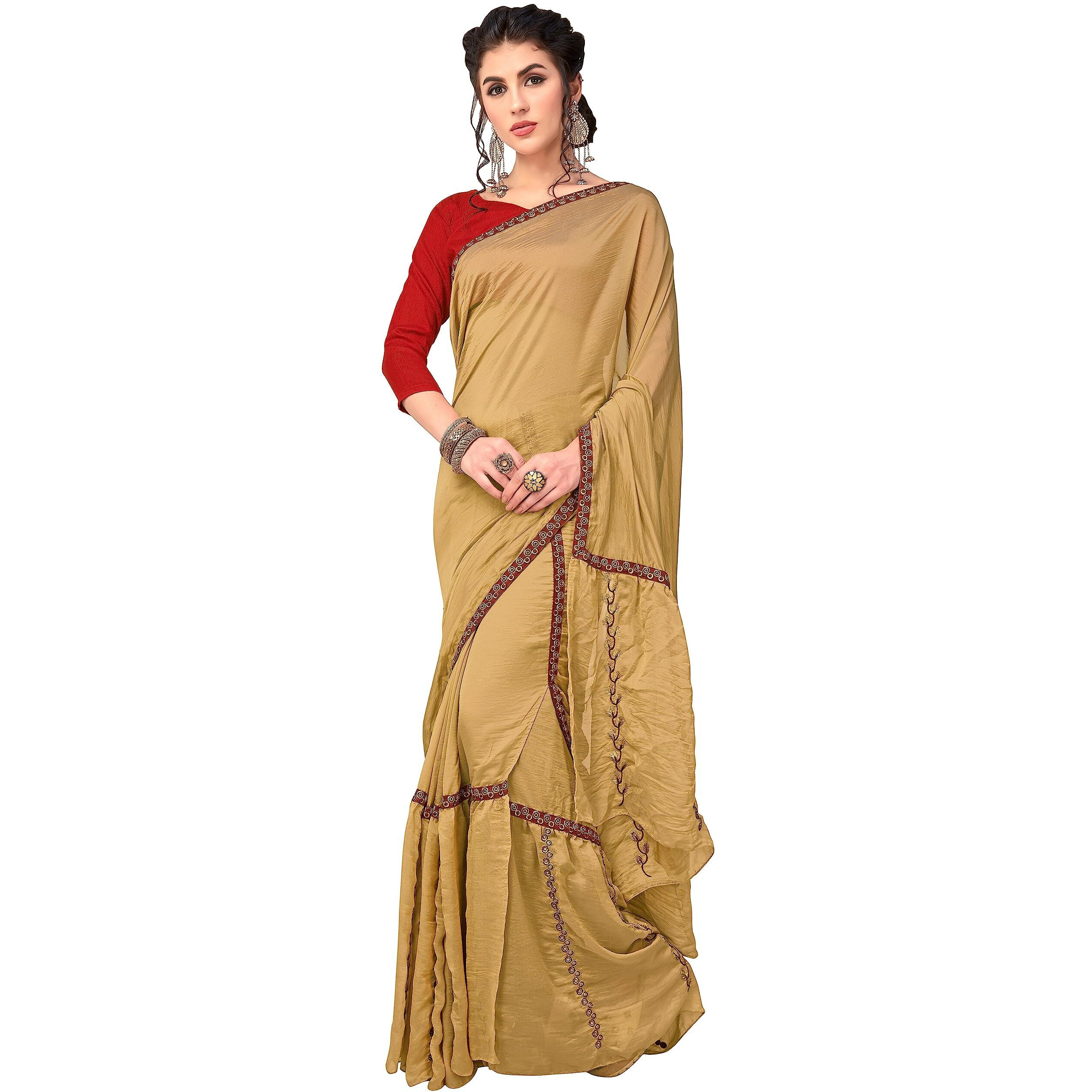 Glory Sarees Plain Weave Silk Blend Kandora Style Ruffle Saree With Blouse Piece (Ruffle_Saree_3_Gold)