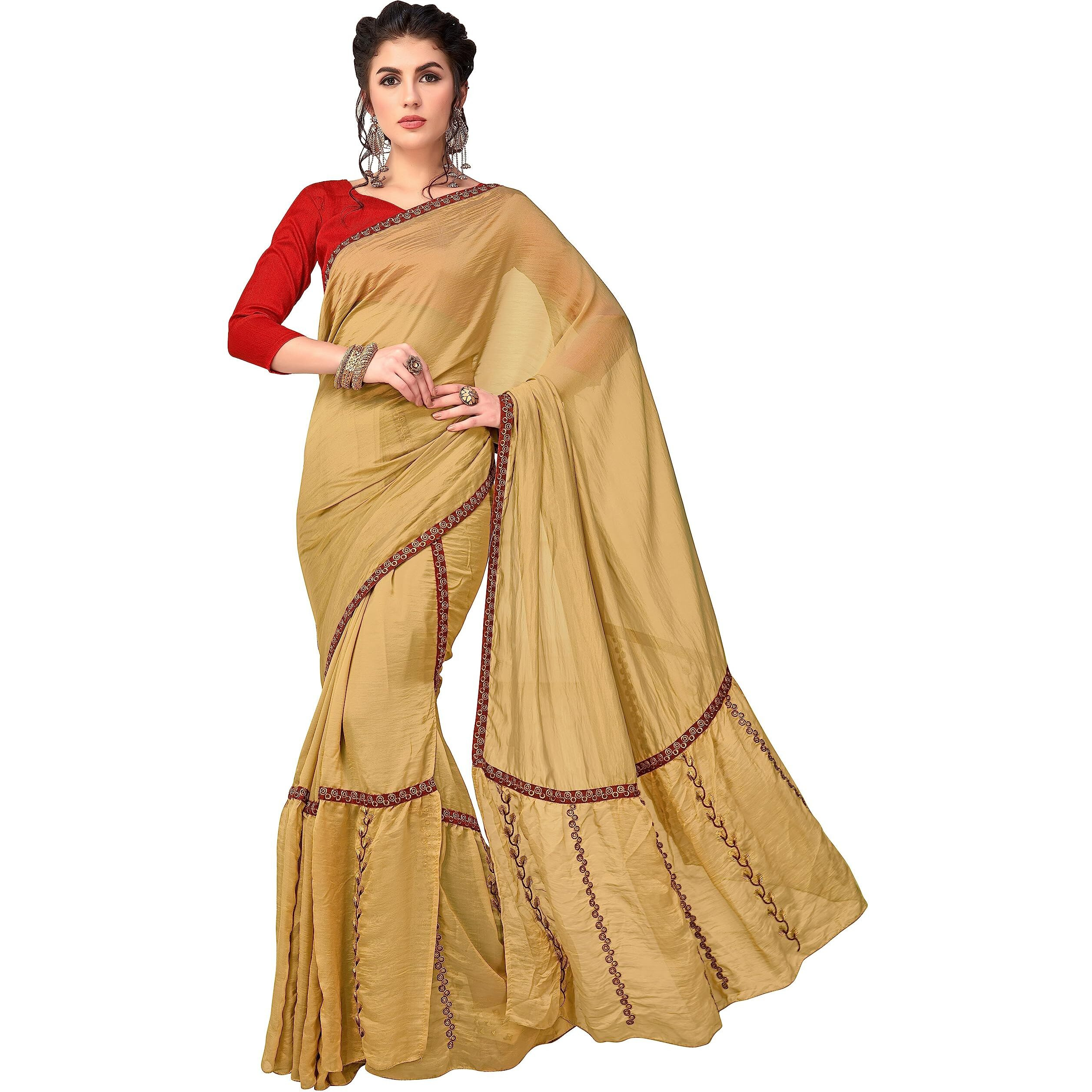 Glory Sarees Plain Weave Silk Blend Kandora Style Ruffle Saree With Blouse Piece (Ruffle_Saree_3_Gold)