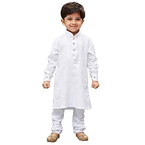 Vastramay Boys' Cotton White Kurta Pyjama Set - Classic Ethnic Attire For Timeless Style, Cultural Celebrations & Independence Day | Soft Shiny Cotton Kurta Styling Paired With A Churidar Pyjama Set.