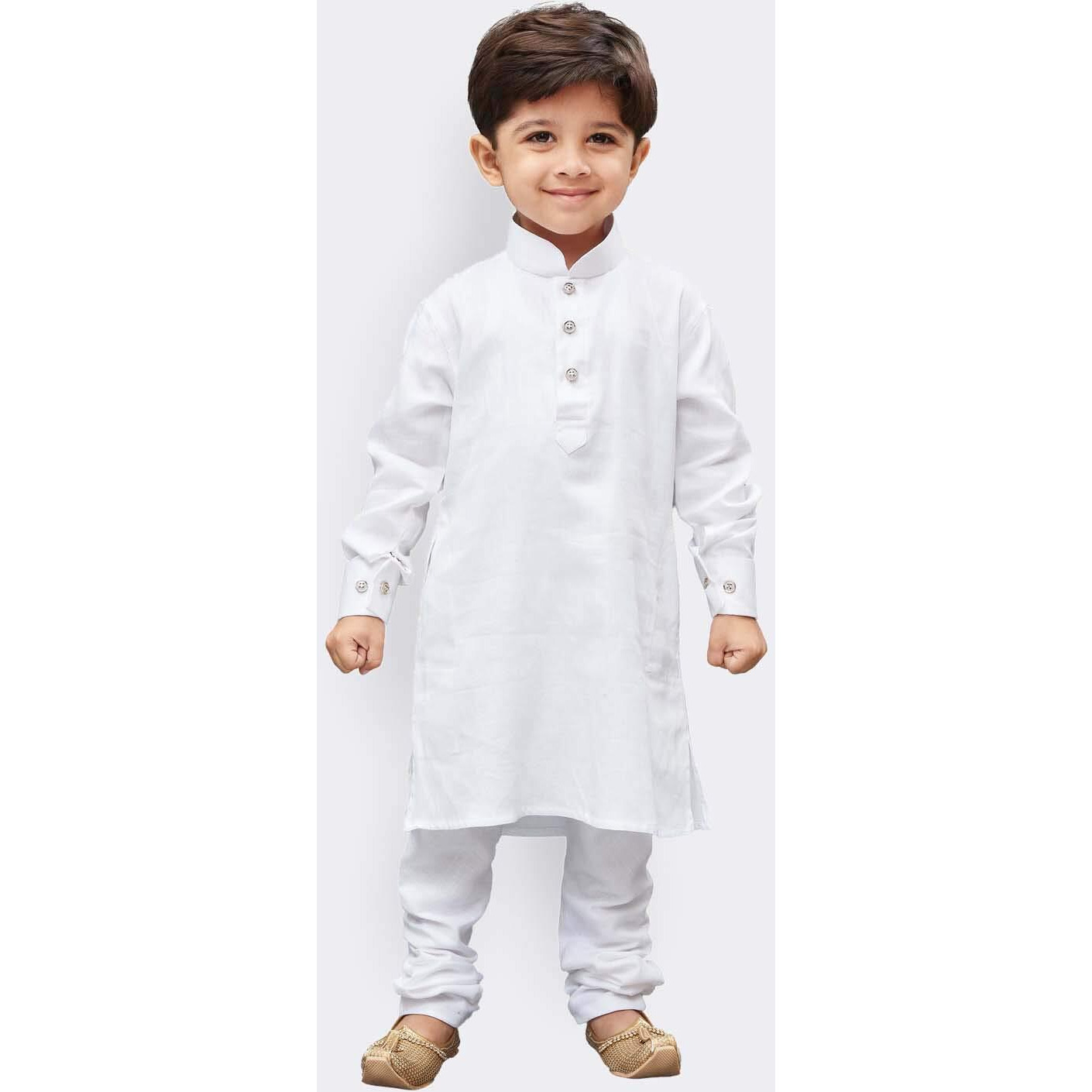 Vastramay Boys' Cotton White Kurta Pyjama Set - Classic Ethnic Attire For Timeless Style, Cultural Celebrations & Independence Day | Soft Shiny Cotton Kurta Styling Paired With A Churidar Pyjama Set.