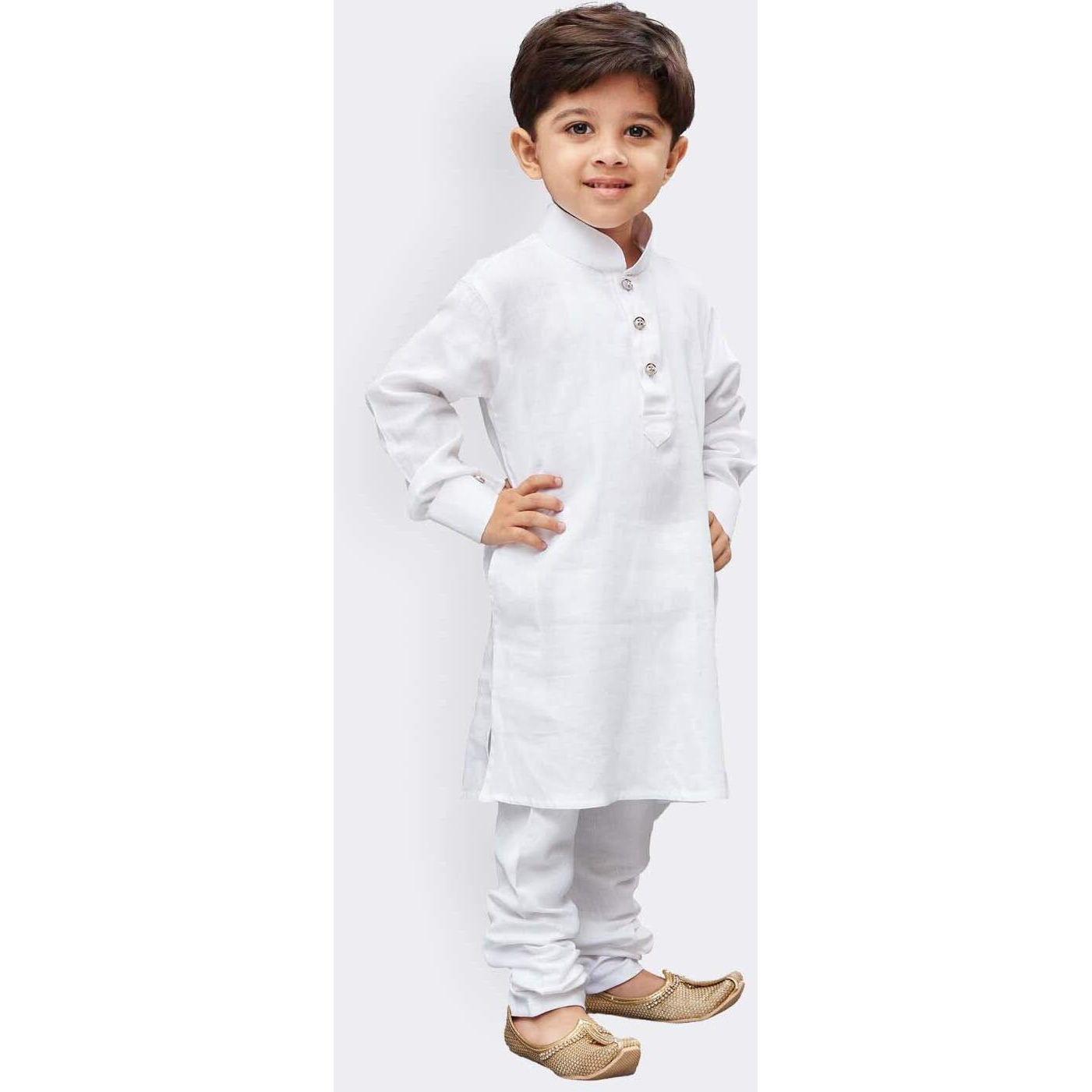 Vastramay Boys' Cotton White Kurta Pyjama Set - Classic Ethnic Attire For Timeless Style, Cultural Celebrations & Independence Day | Soft Shiny Cotton Kurta Styling Paired With A Churidar Pyjama Set.