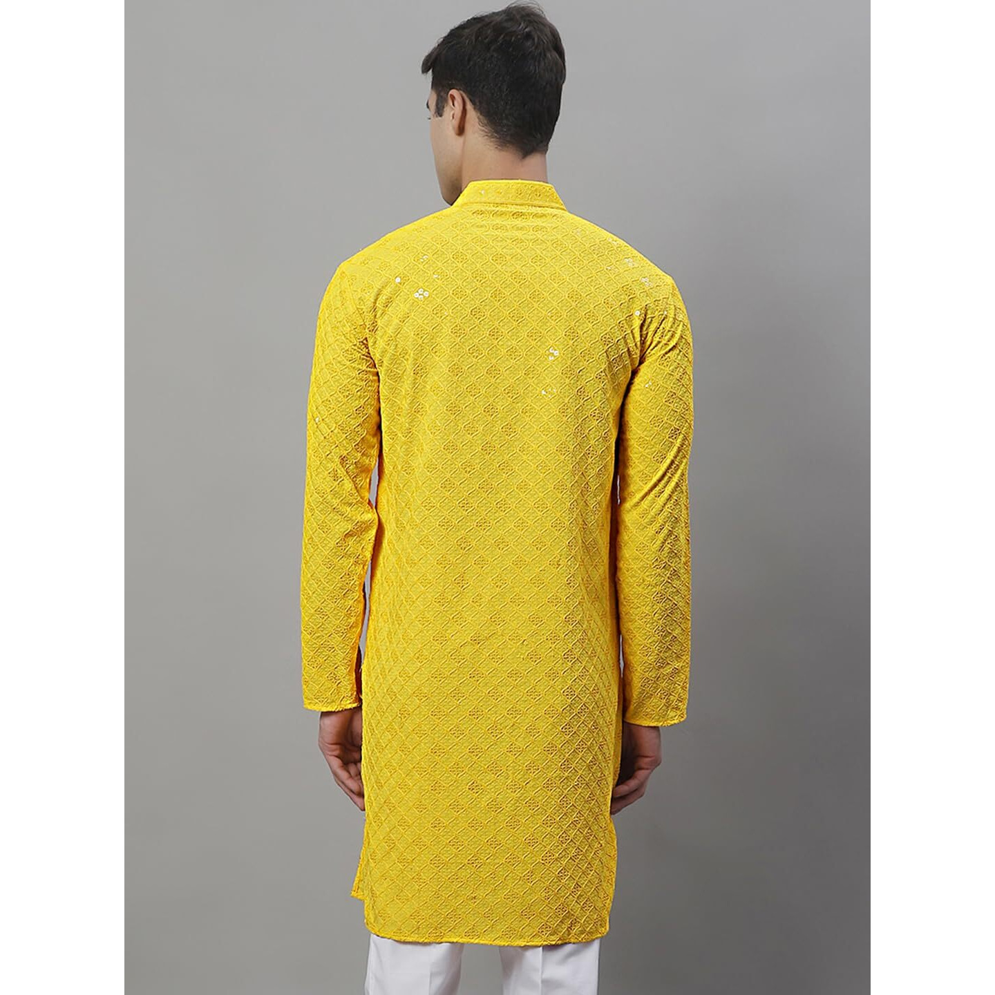 Jompers Men's Chikankari Embroidered And Sequence Kurtas Only (Yellow, L)