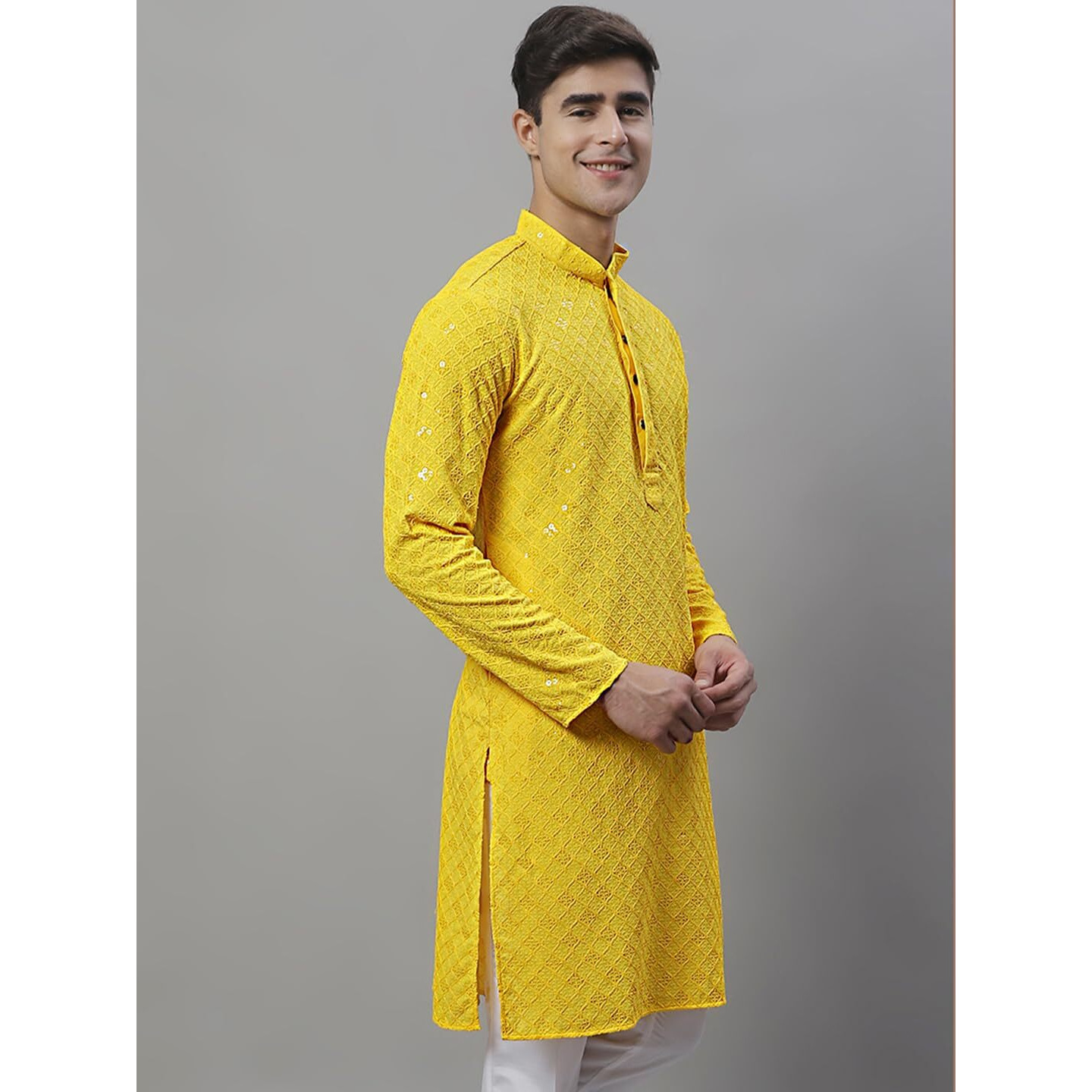 Jompers Men's Chikankari Embroidered And Sequence Kurtas Only (Yellow, L)