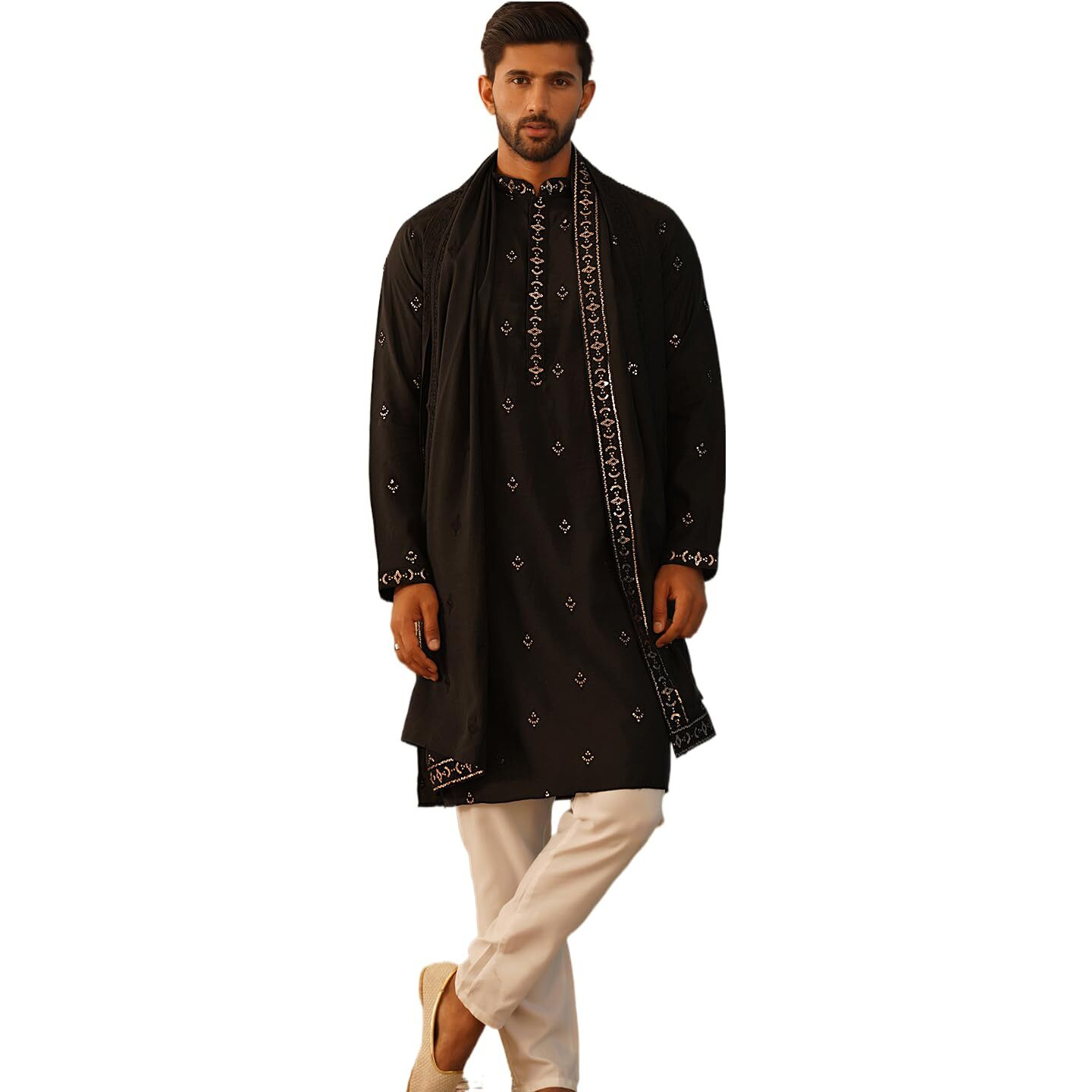 Jompers Men's Black Embroidered & Sequin Kurta Pyjama With Dupatta. (Black, L)
